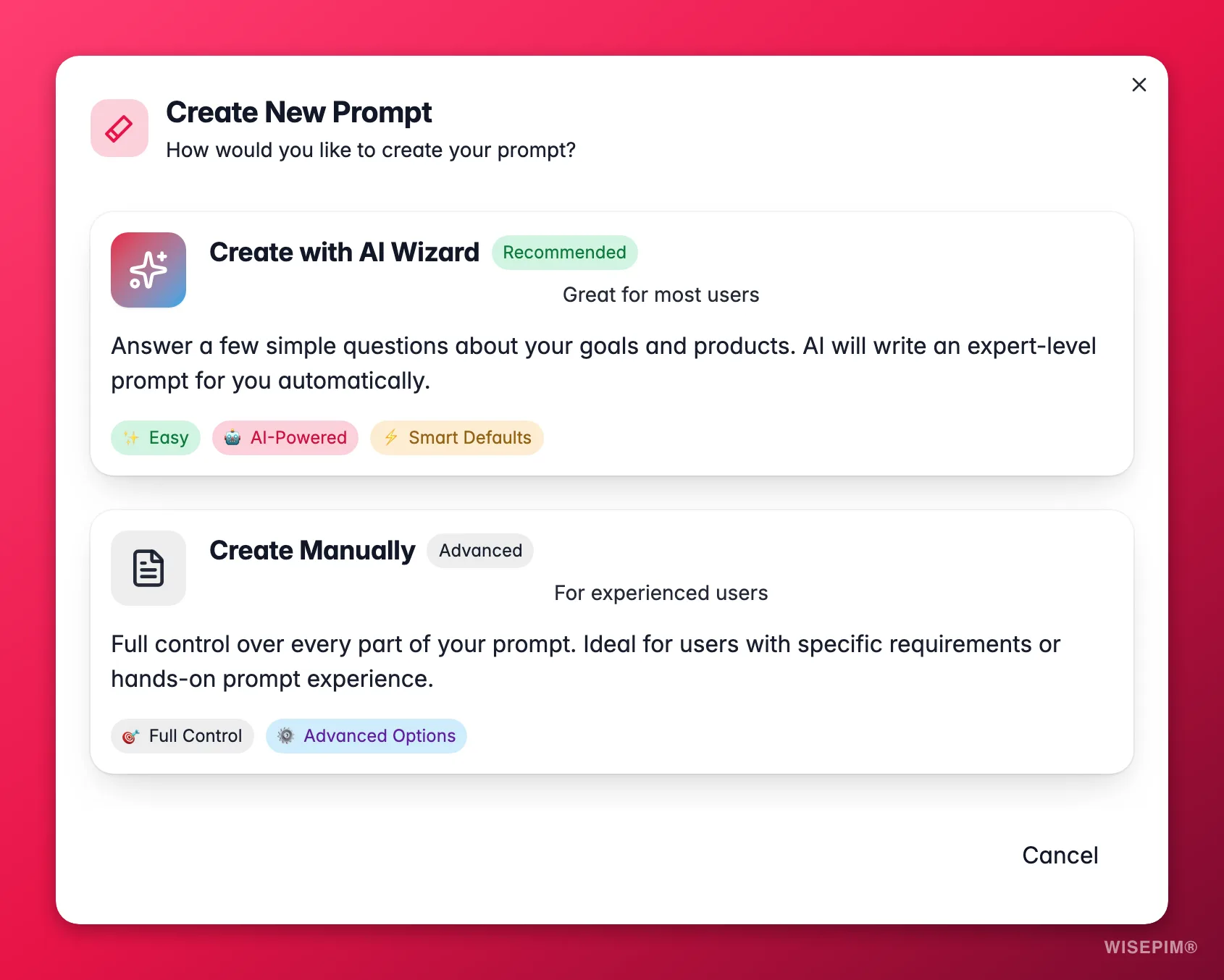 WISEPIM AI prompt wizard generating a tailored enrichment prompt from goals and audience