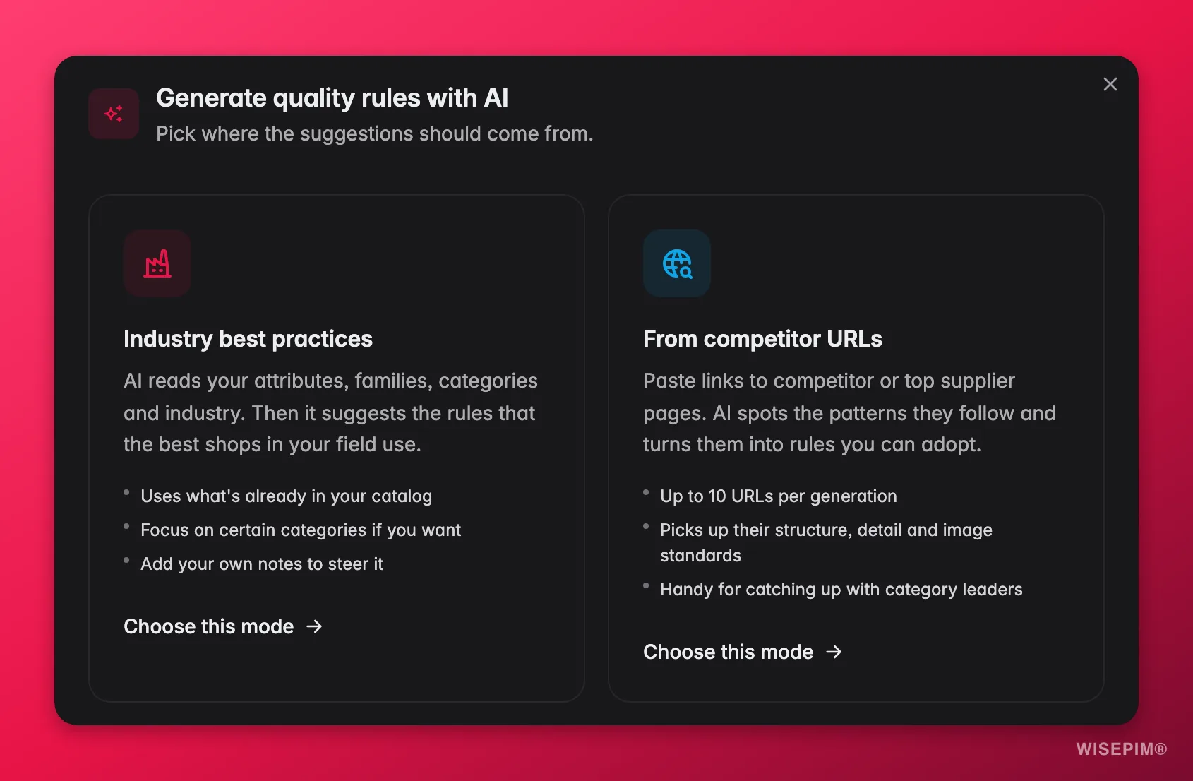 WISEPIM Quality Guard AI rule generator - derive checks from best practices or competitor URLs
