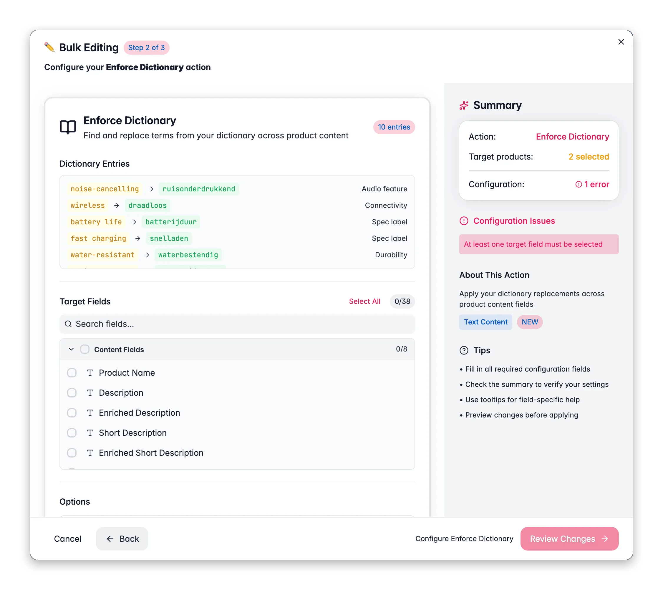 Bulk editing, Enforce Dictionary across many products at once in WISEPIM