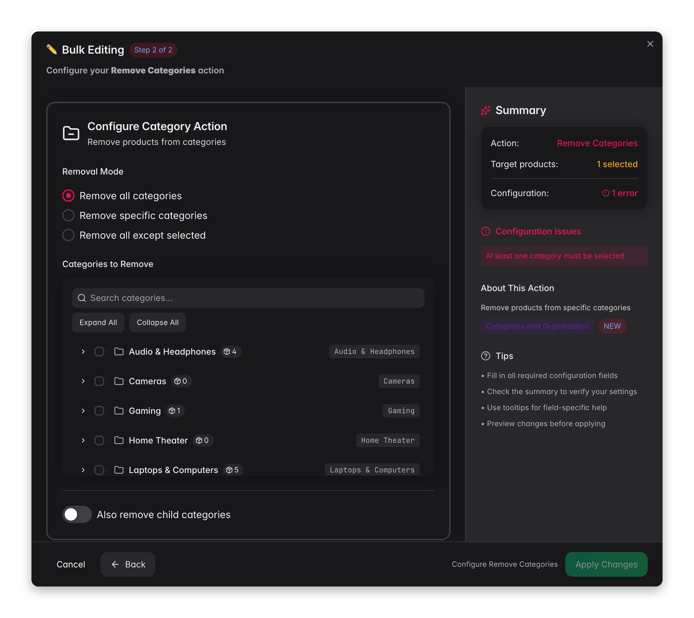 Bulk editing, Remove Categories across many products at once in WISEPIM