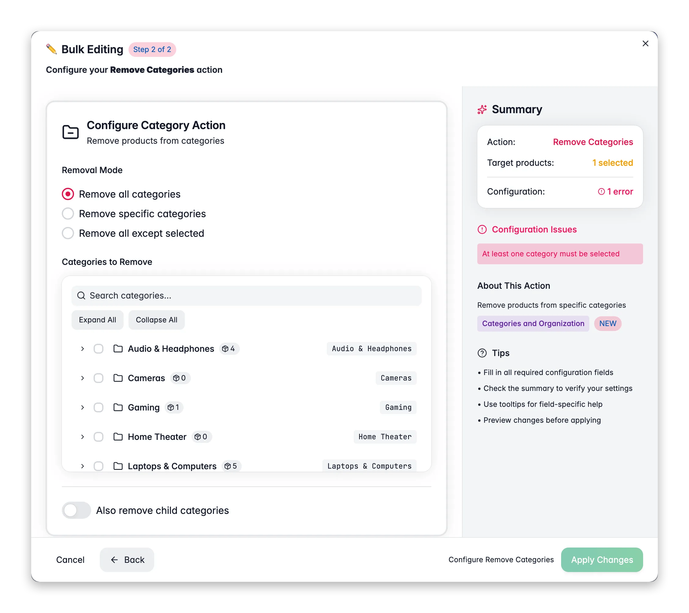 Bulk editing, Remove Categories across many products at once in WISEPIM