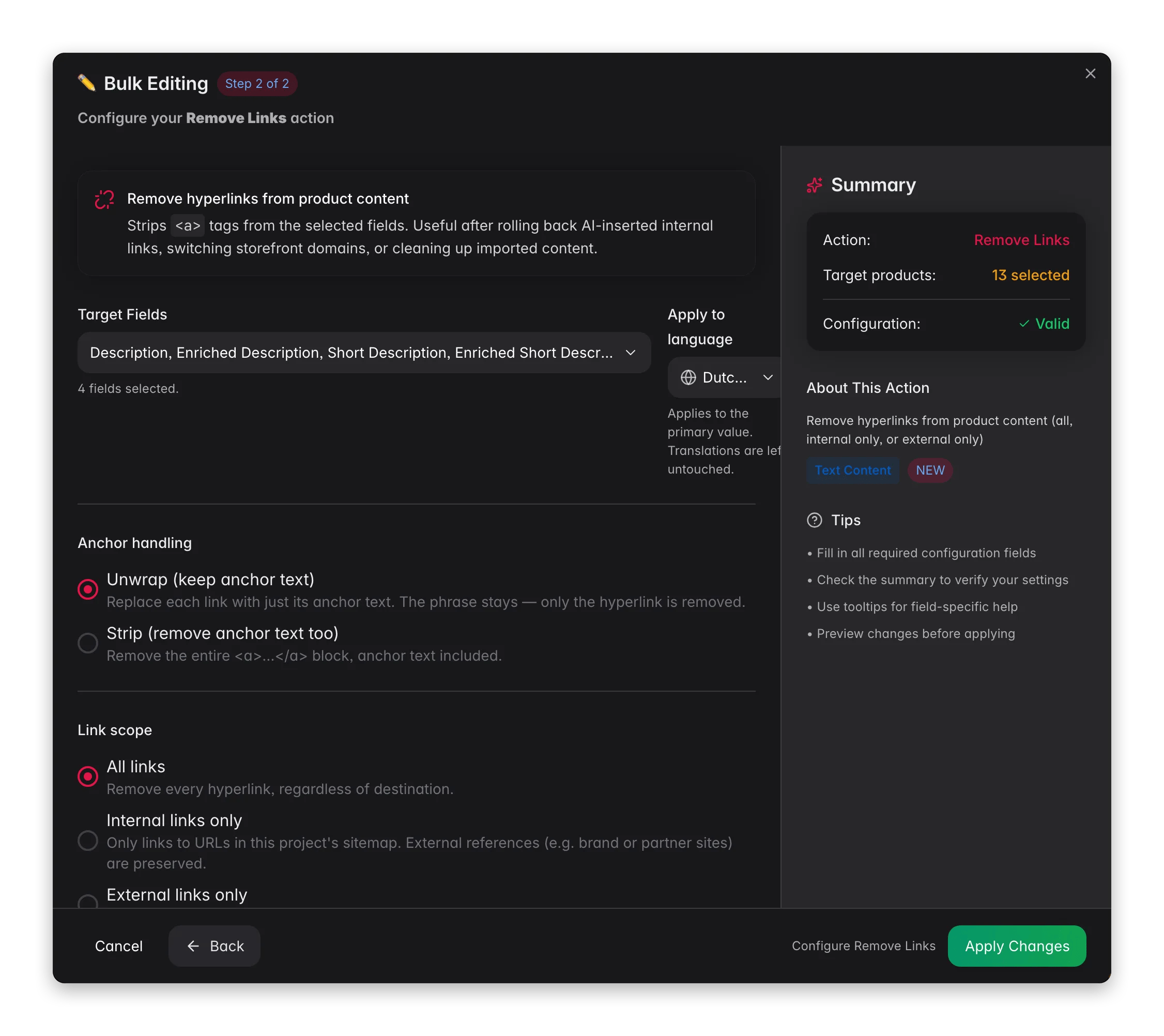 Bulk editing, Remove Links across many products at once in WISEPIM