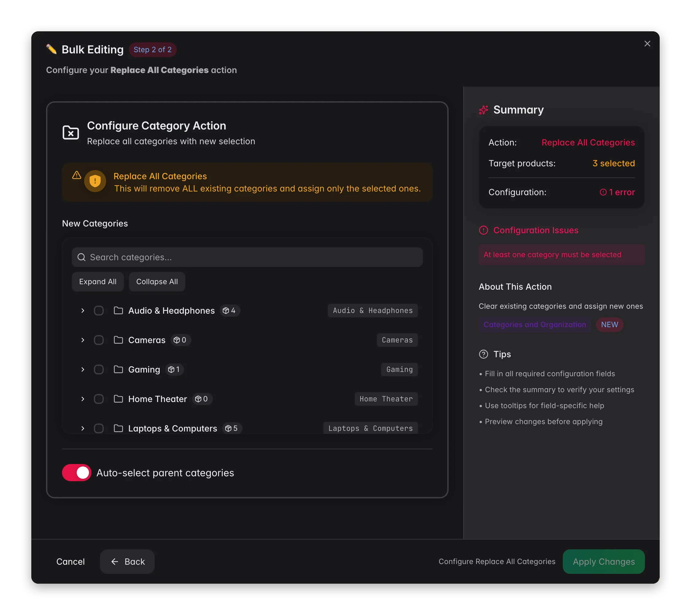 Bulk editing, Replace All Categories across many products at once in WISEPIM