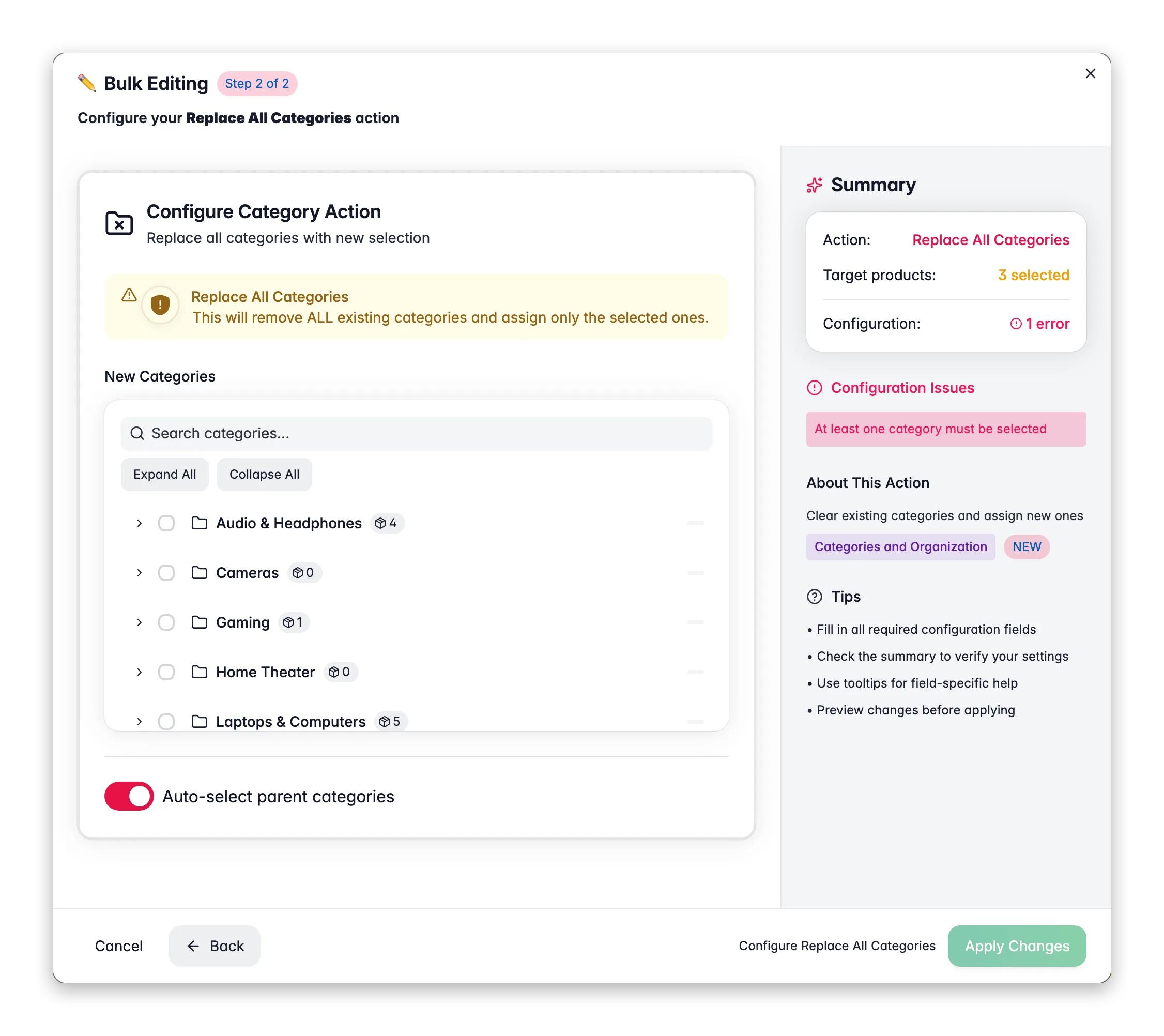 Bulk editing, Replace All Categories across many products at once in WISEPIM