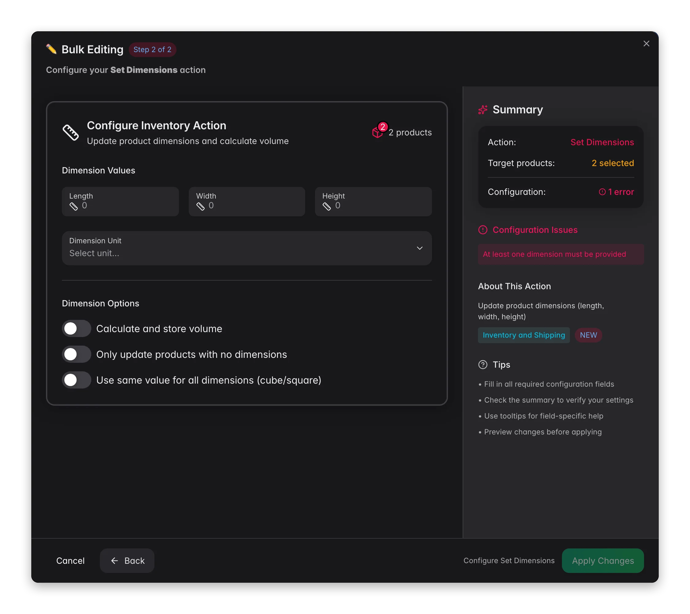 Bulk editing, Set Dimensions across many products at once in WISEPIM