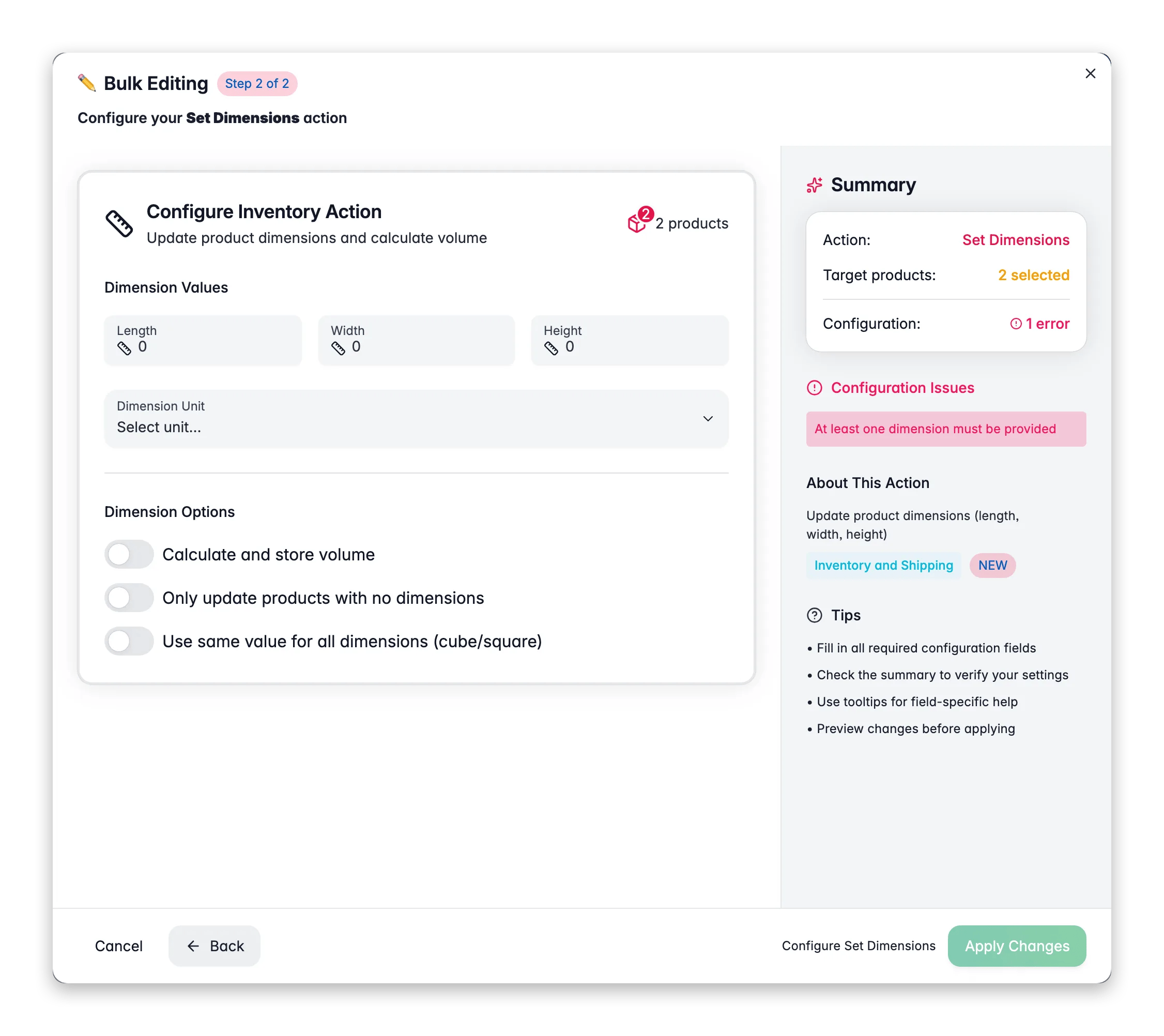 Bulk editing, Set Dimensions across many products at once in WISEPIM