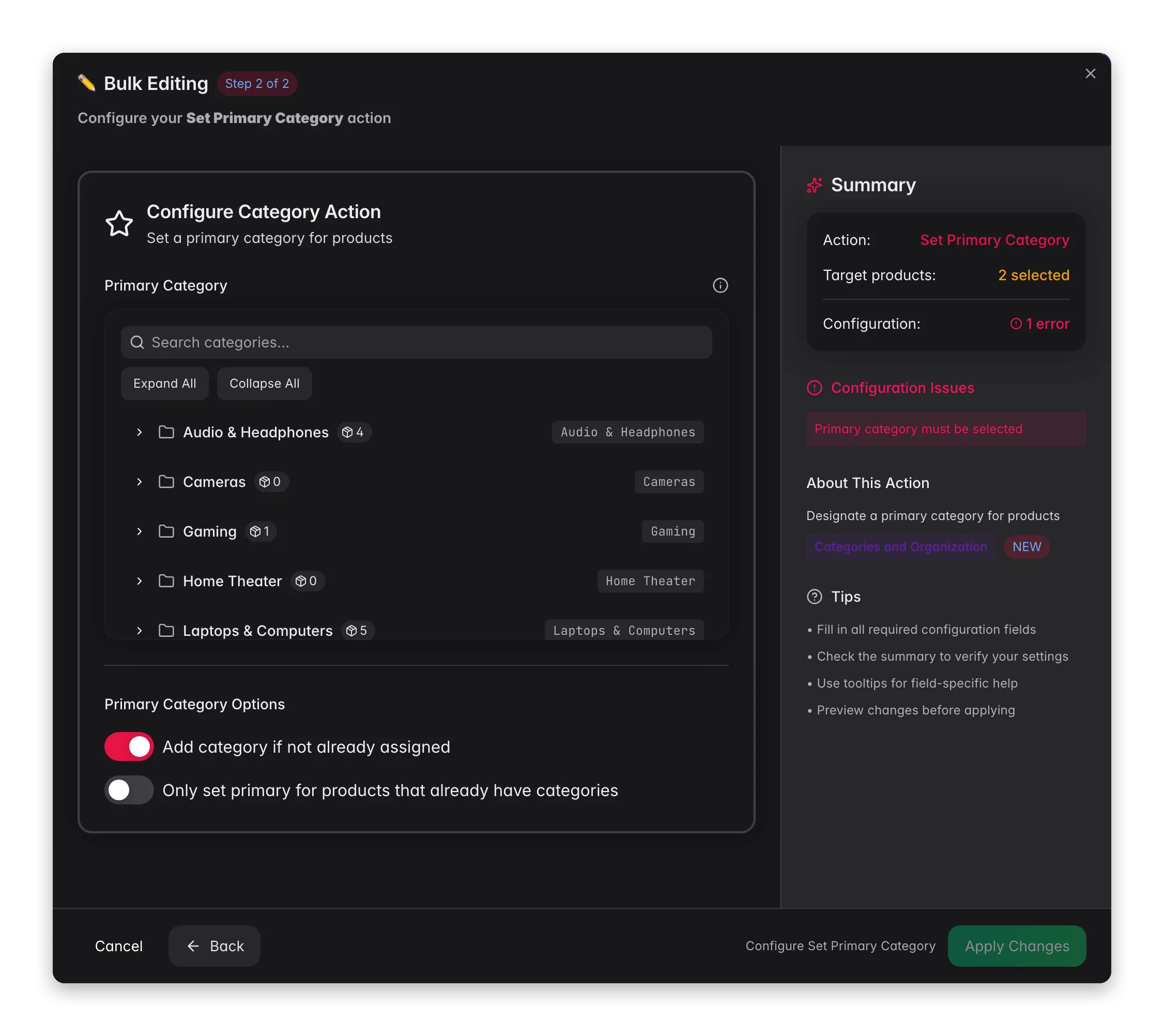 Bulk editing, Set Primary Category across many products at once in WISEPIM