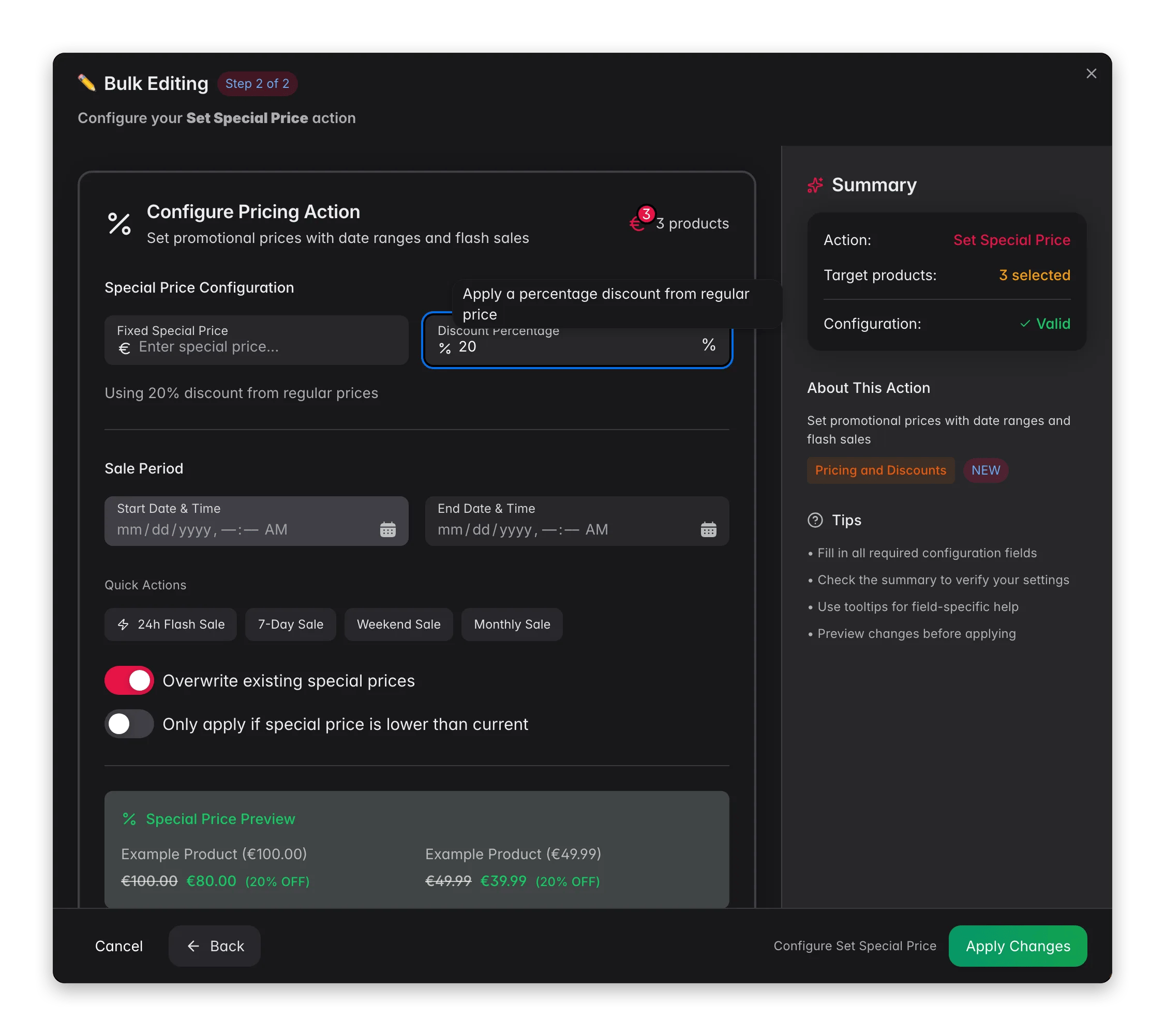 Bulk editing, Set Special Price across many products at once in WISEPIM