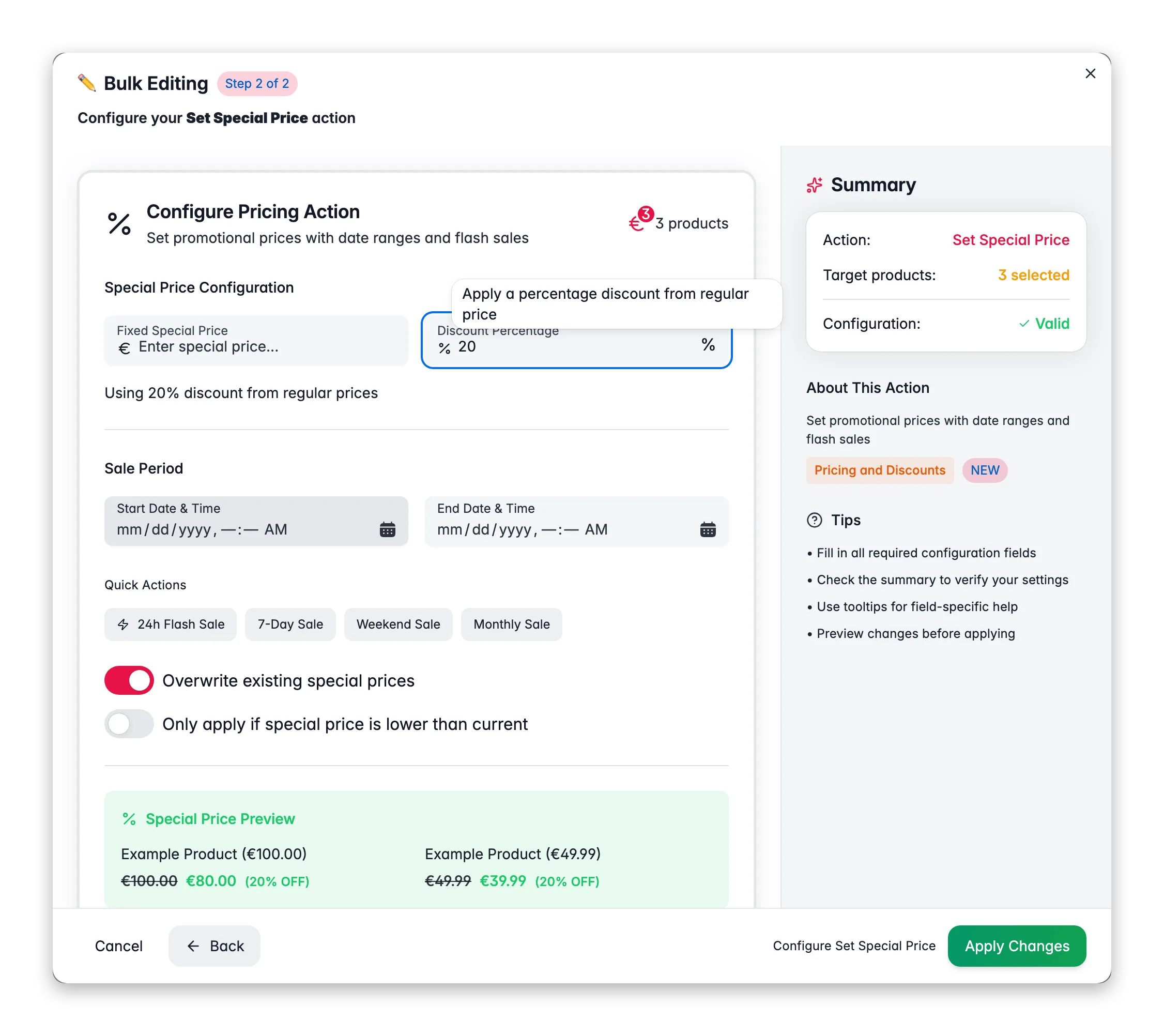 Bulk editing, Set Special Price across many products at once in WISEPIM