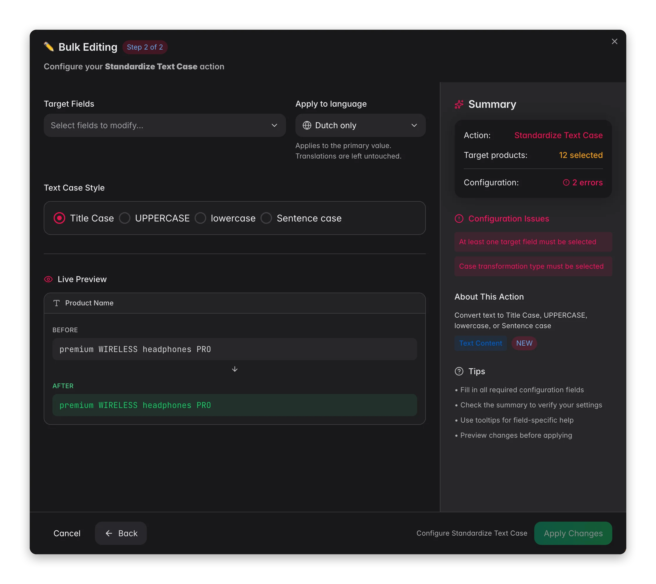Bulk editing, Standardize Text Case across many products at once in WISEPIM