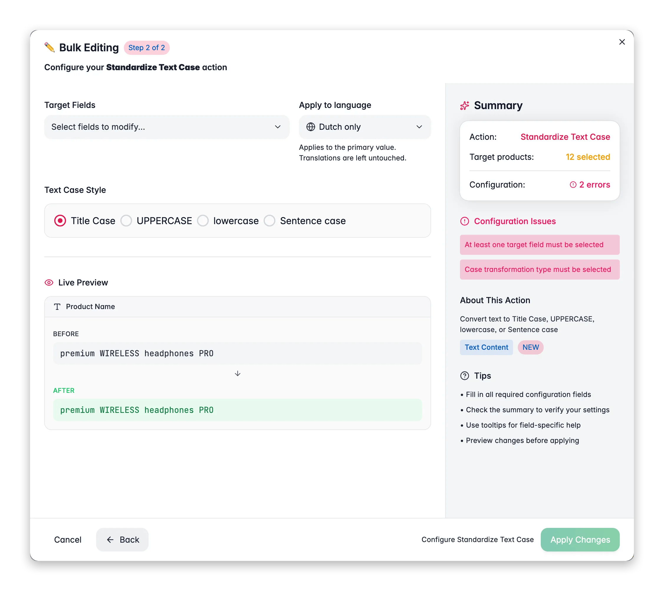Bulk editing, Standardize Text Case across many products at once in WISEPIM