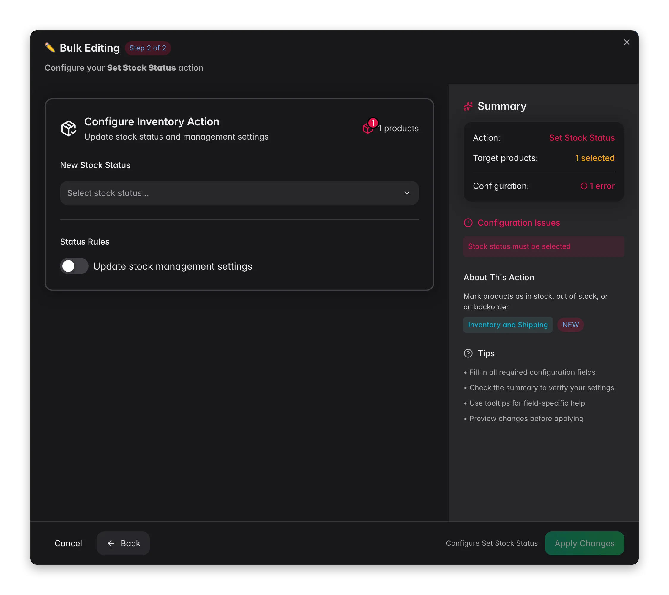 Bulk editing, Set Stock Status across many products at once in WISEPIM