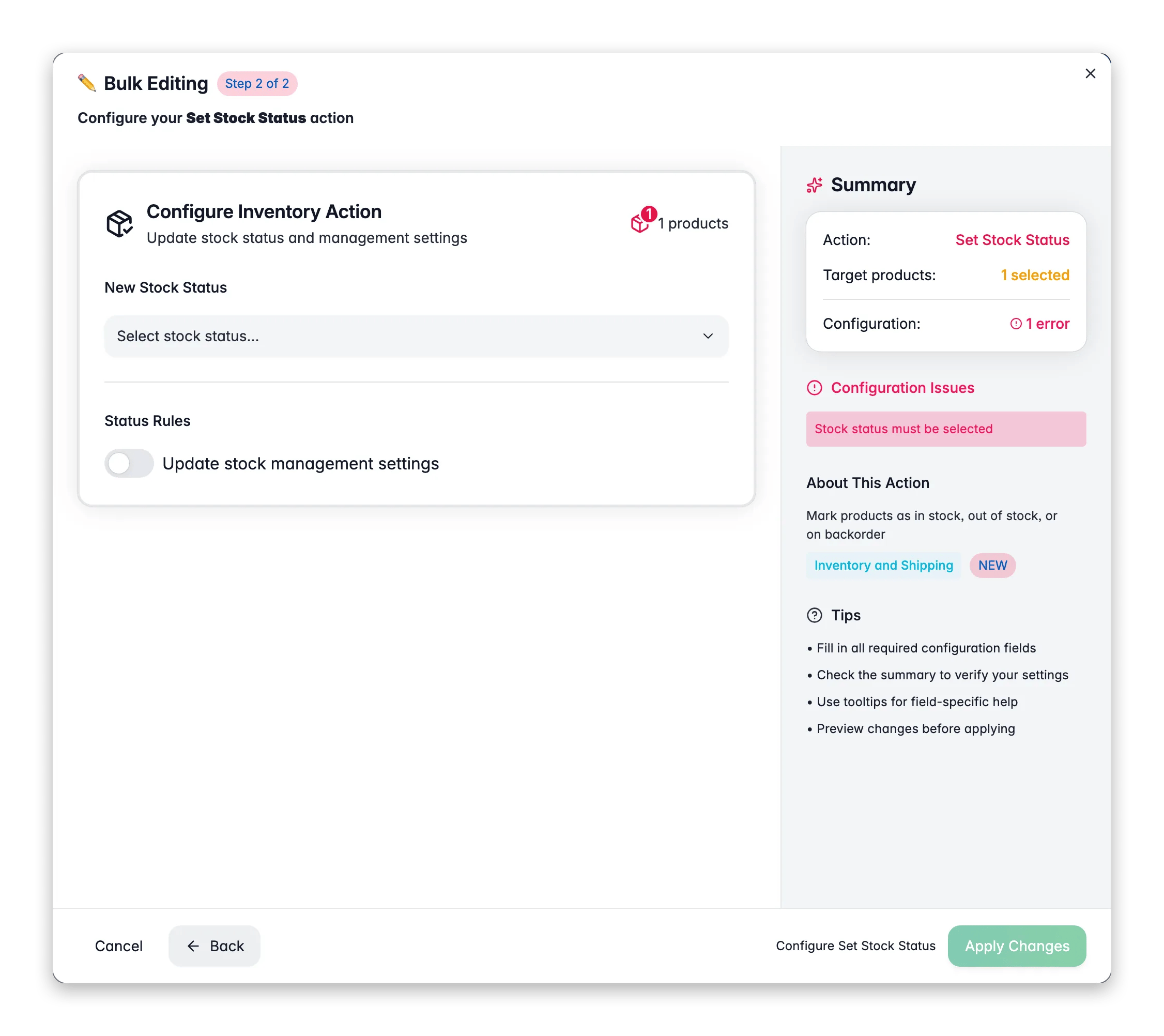 Bulk editing, Set Stock Status across many products at once in WISEPIM