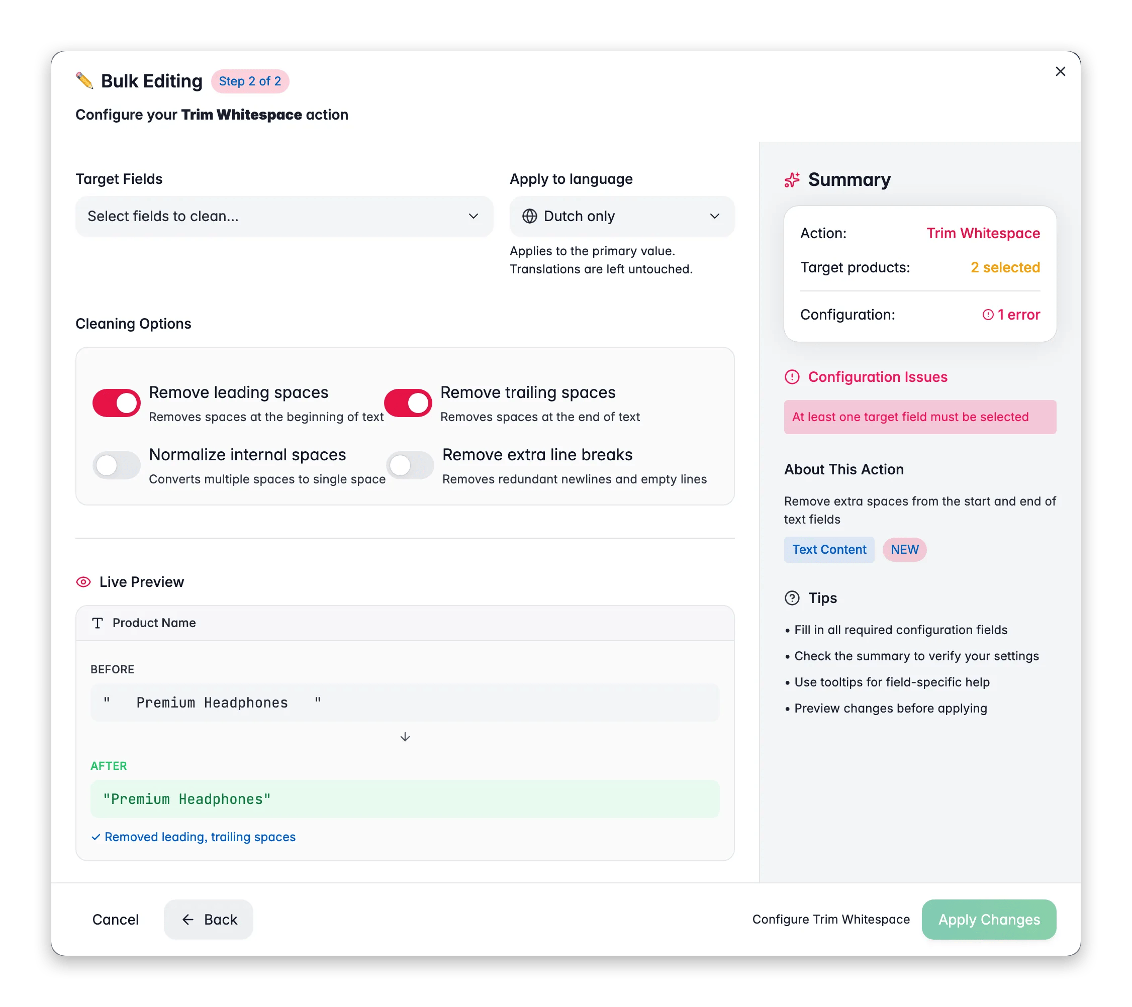 Bulk editing, Trim Whitespace across many products at once in WISEPIM