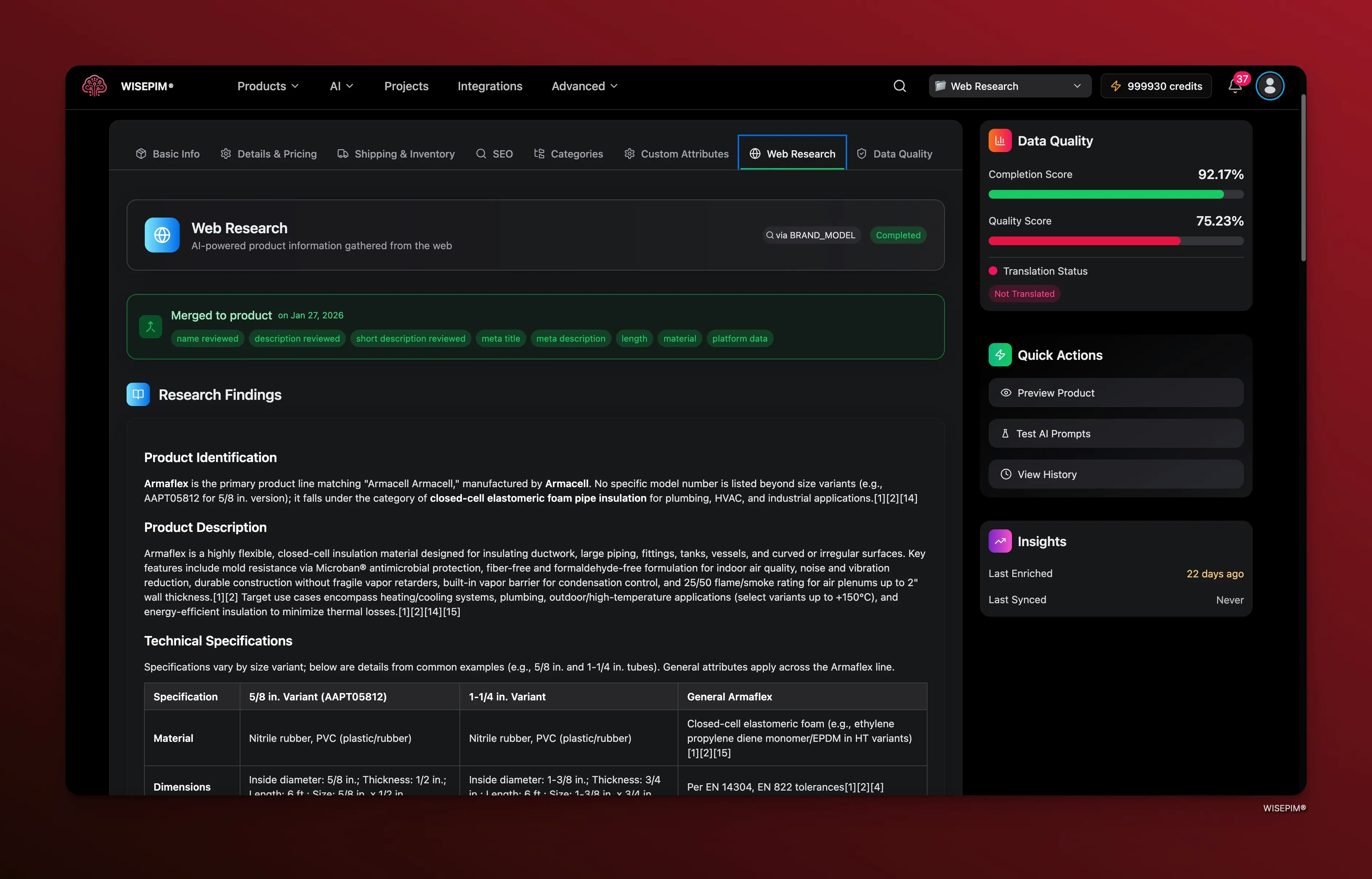 Web Research results showing gathered product specifications and attributes