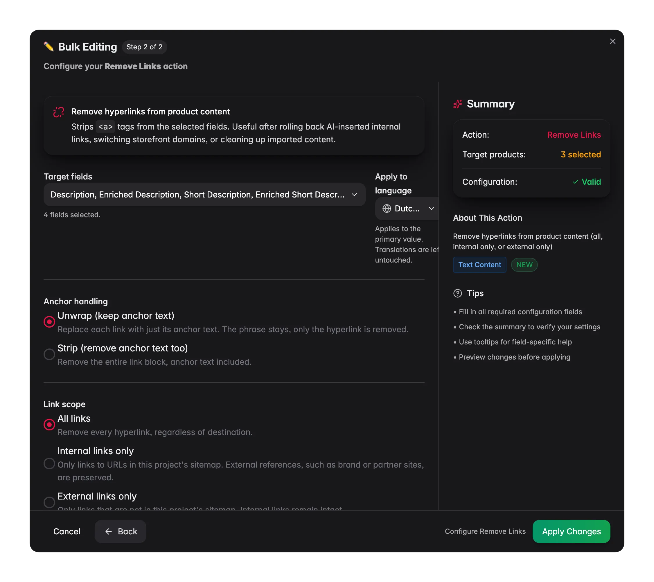 Bulk editing, Remove Links across many products at once in WISEPIM