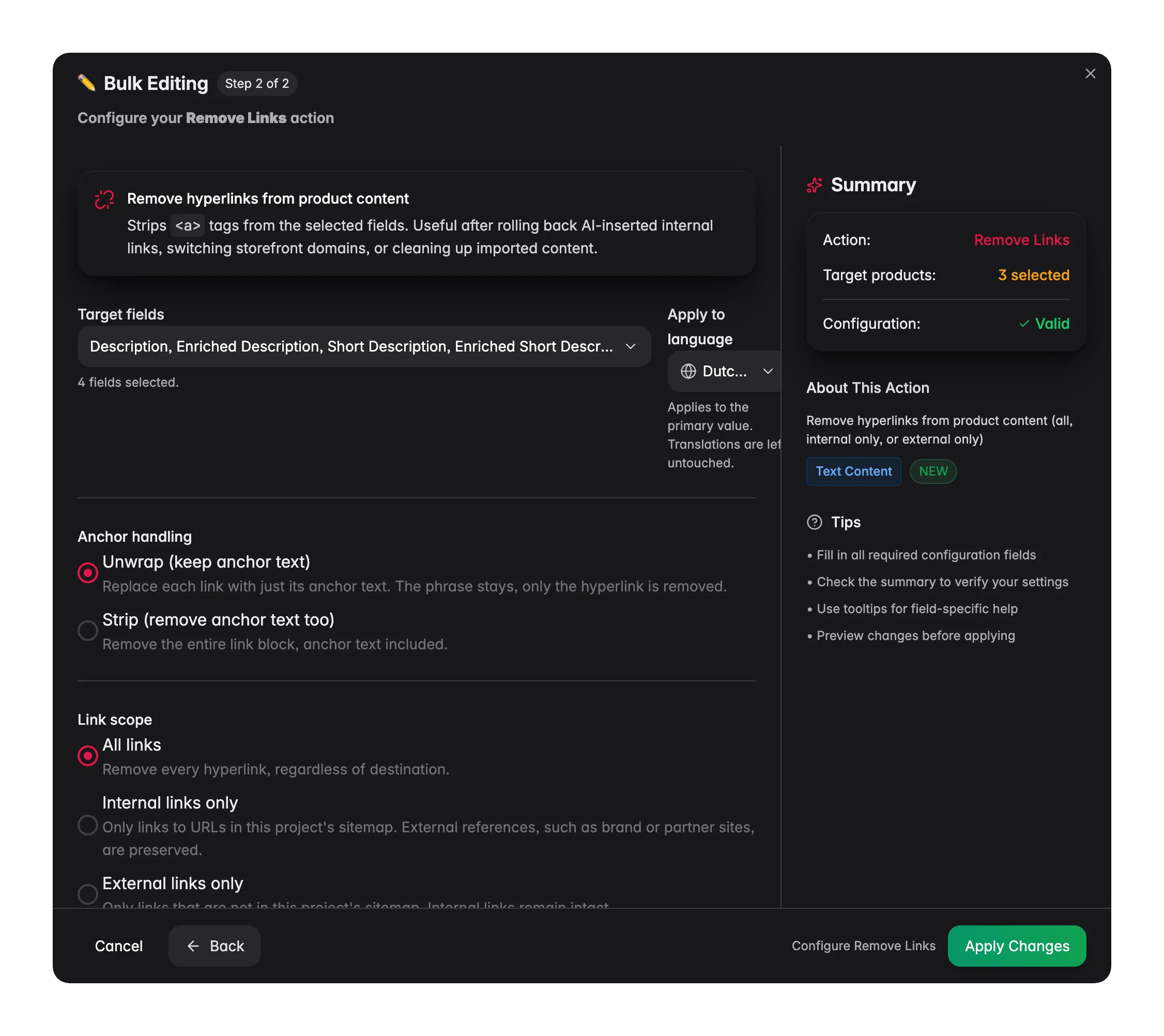 Bulk editing, Remove Links across many products at once in WISEPIM