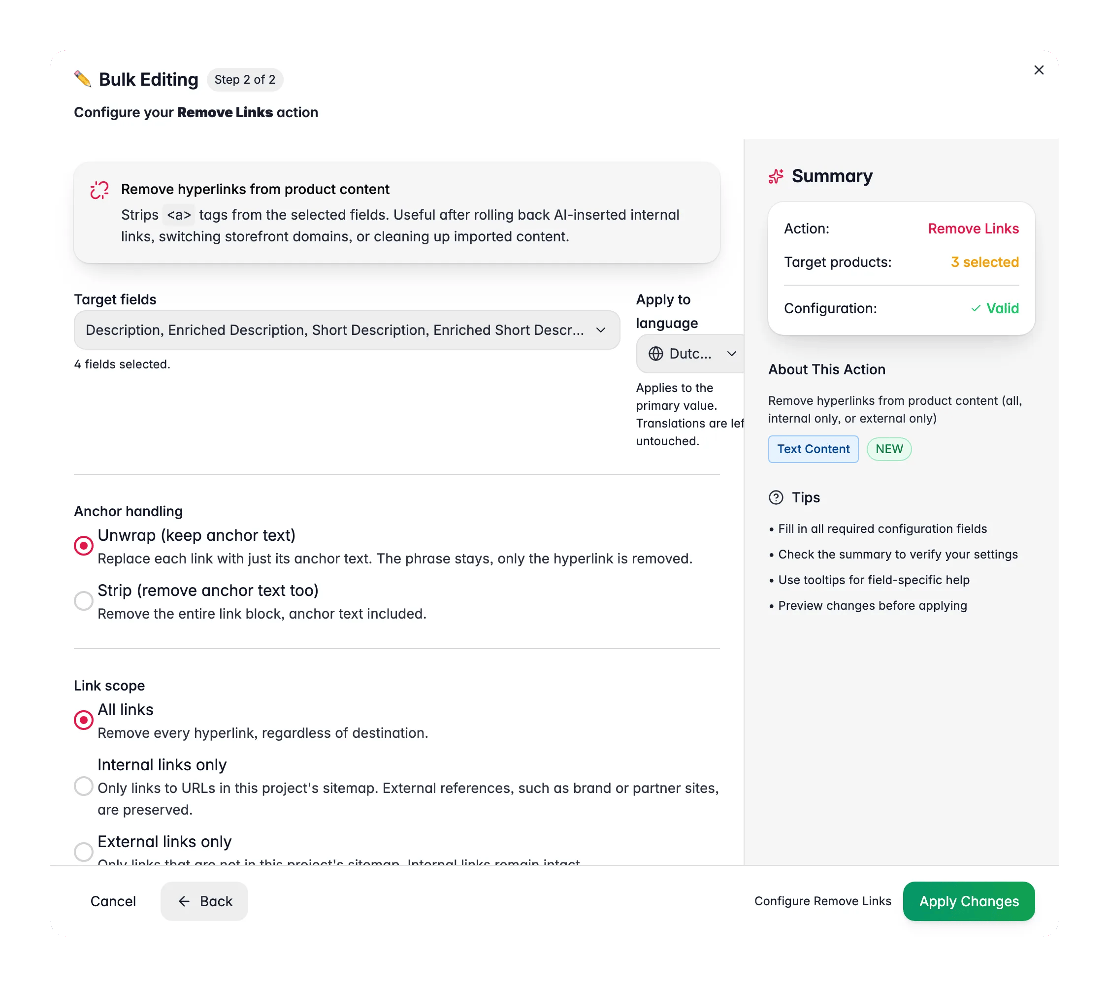 Bulk editing, Remove Links across many products at once in WISEPIM