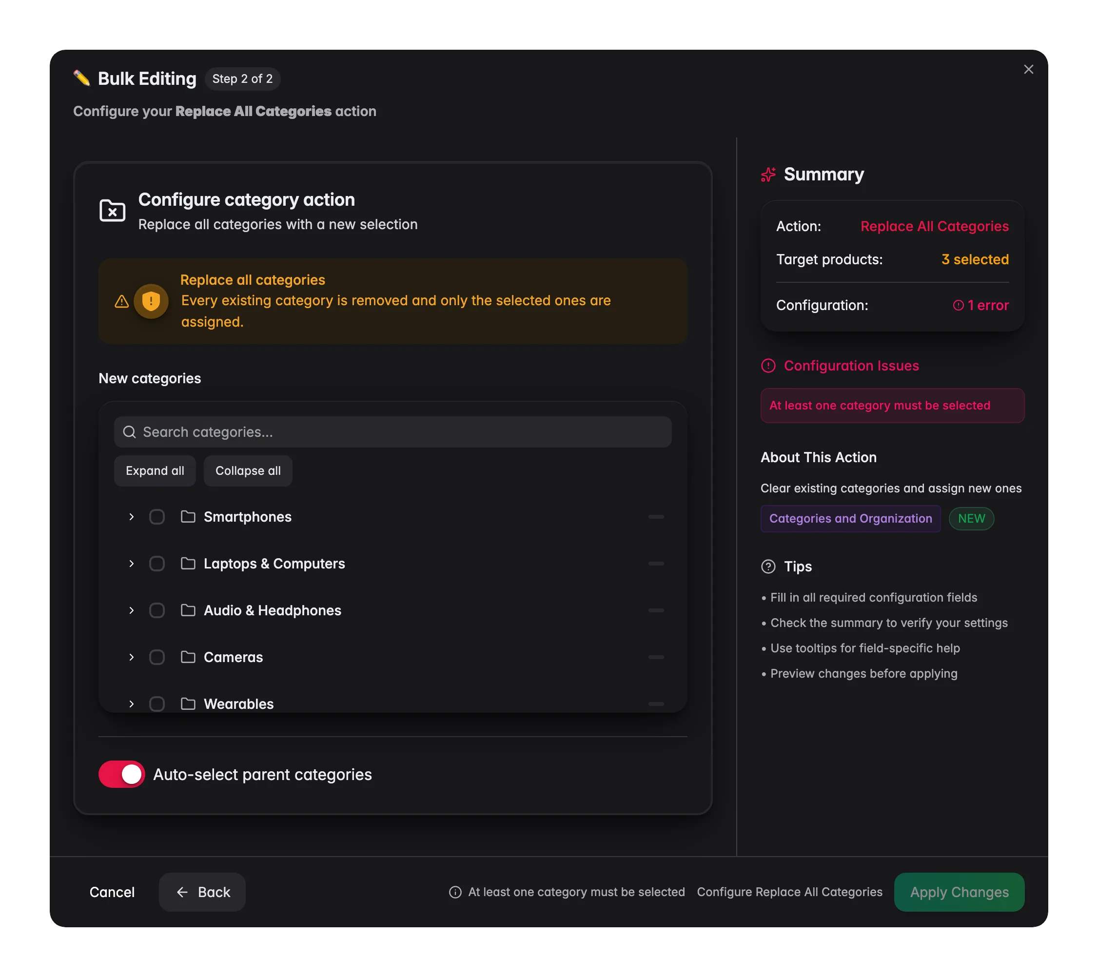 Bulk editing, Replace All Categories across many products at once in WISEPIM