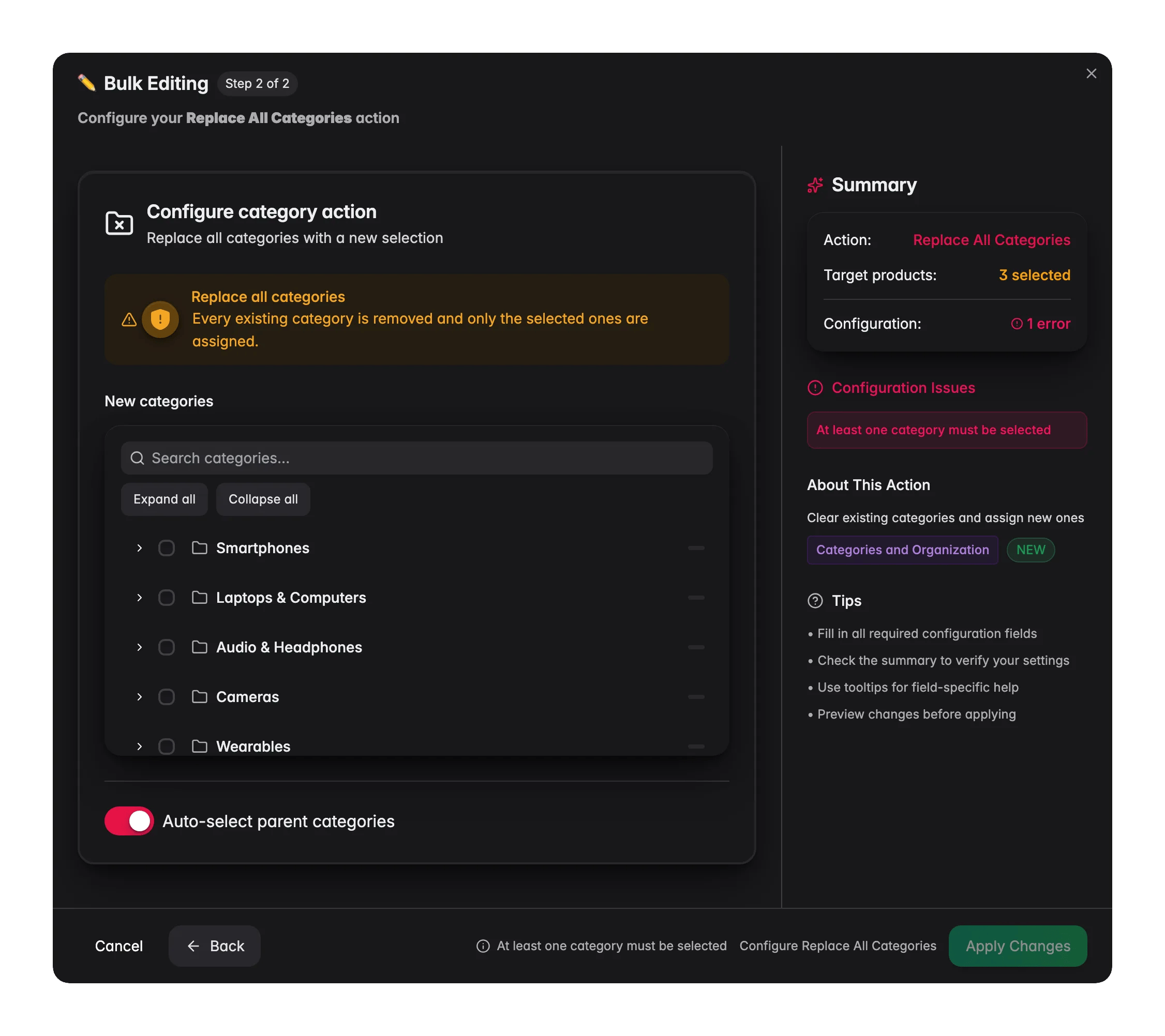 Bulk editing, Replace All Categories across many products at once in WISEPIM