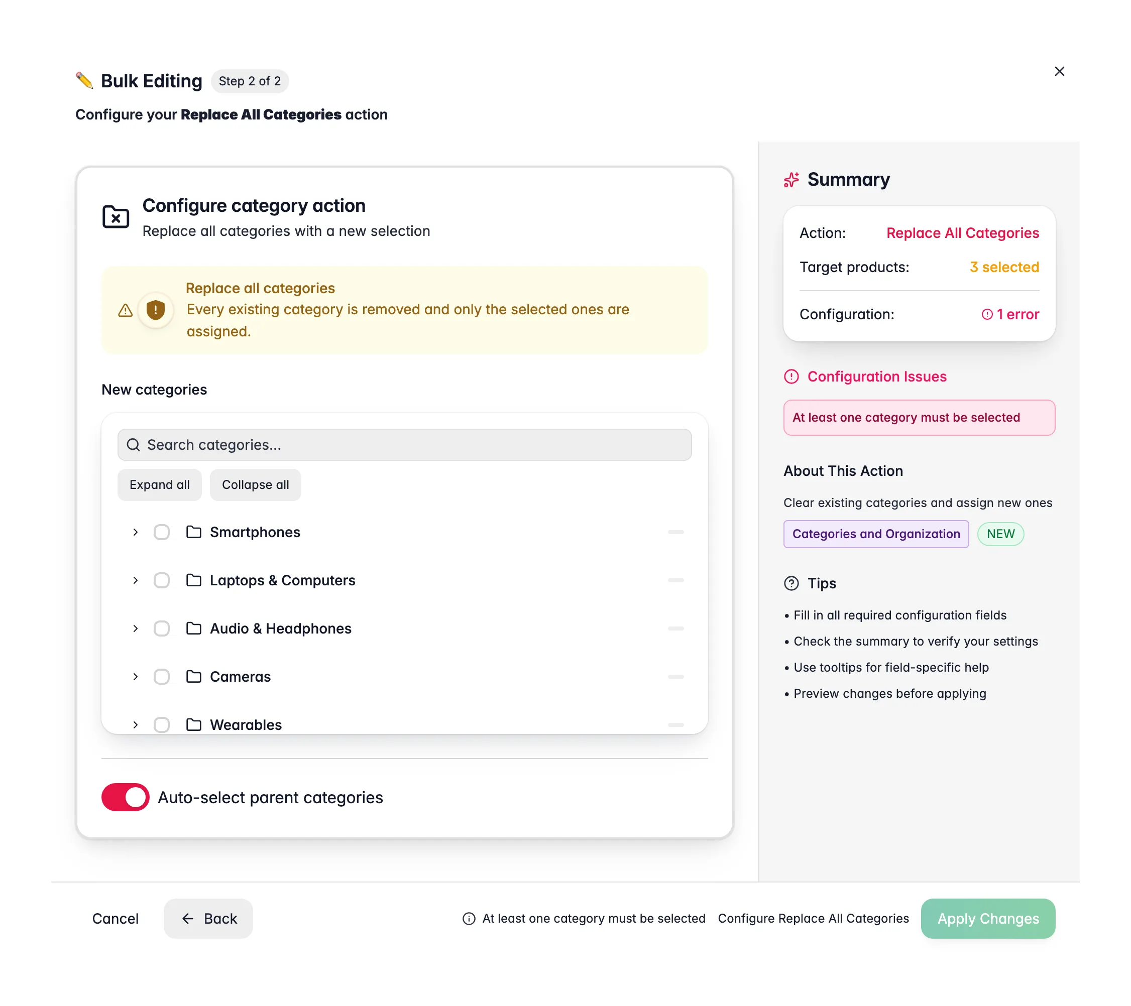 Bulk editing, Replace All Categories across many products at once in WISEPIM