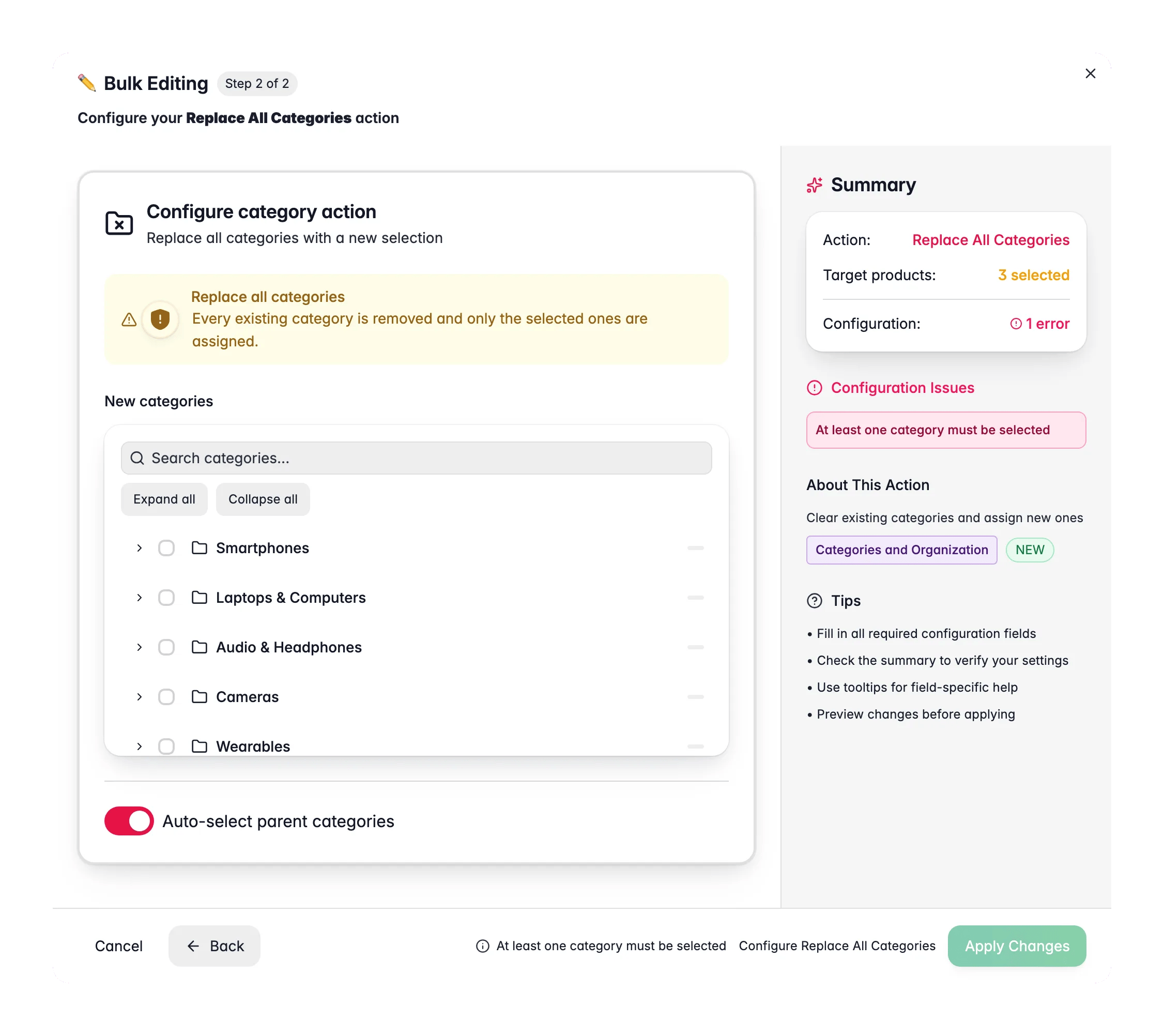 Bulk editing, Replace All Categories across many products at once in WISEPIM