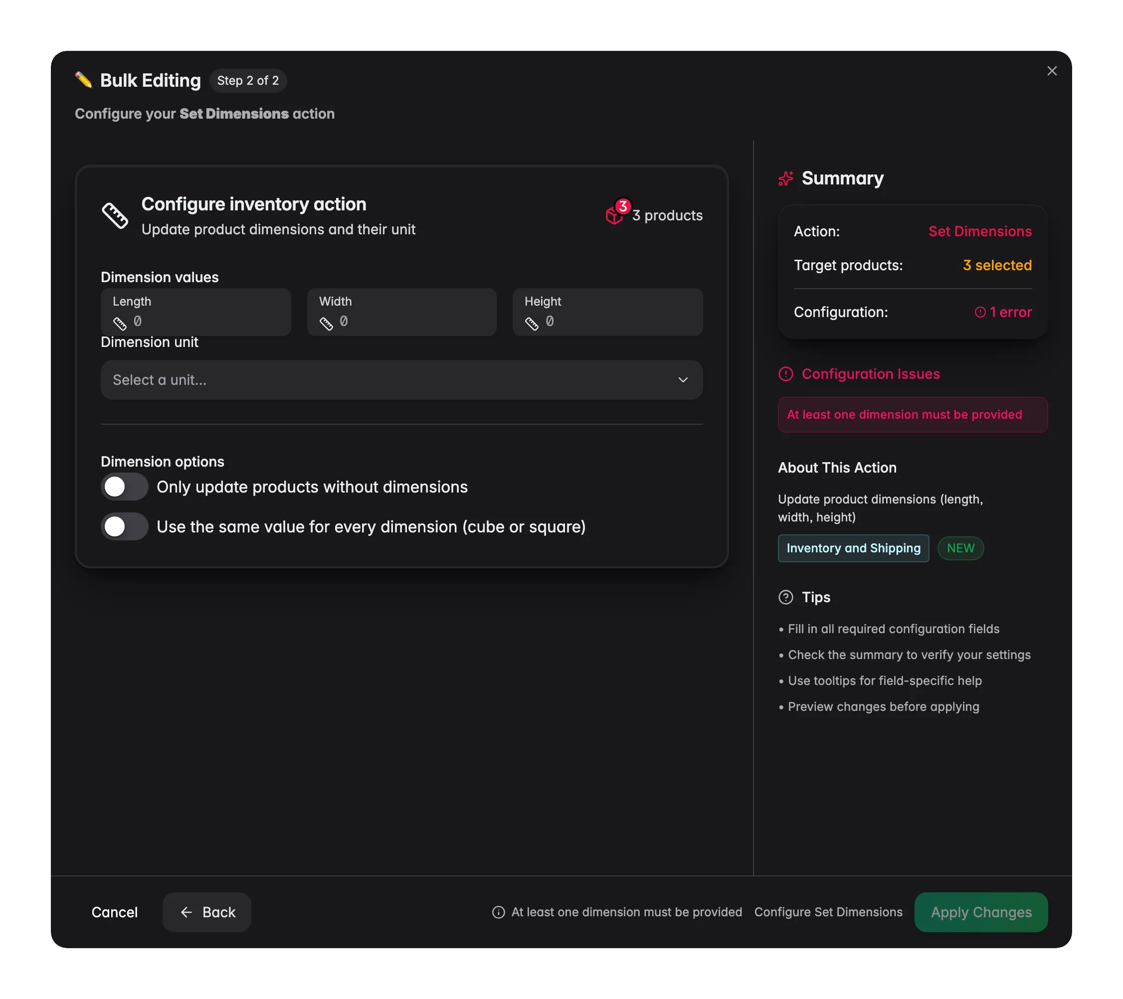 Bulk editing, Set Dimensions across many products at once in WISEPIM
