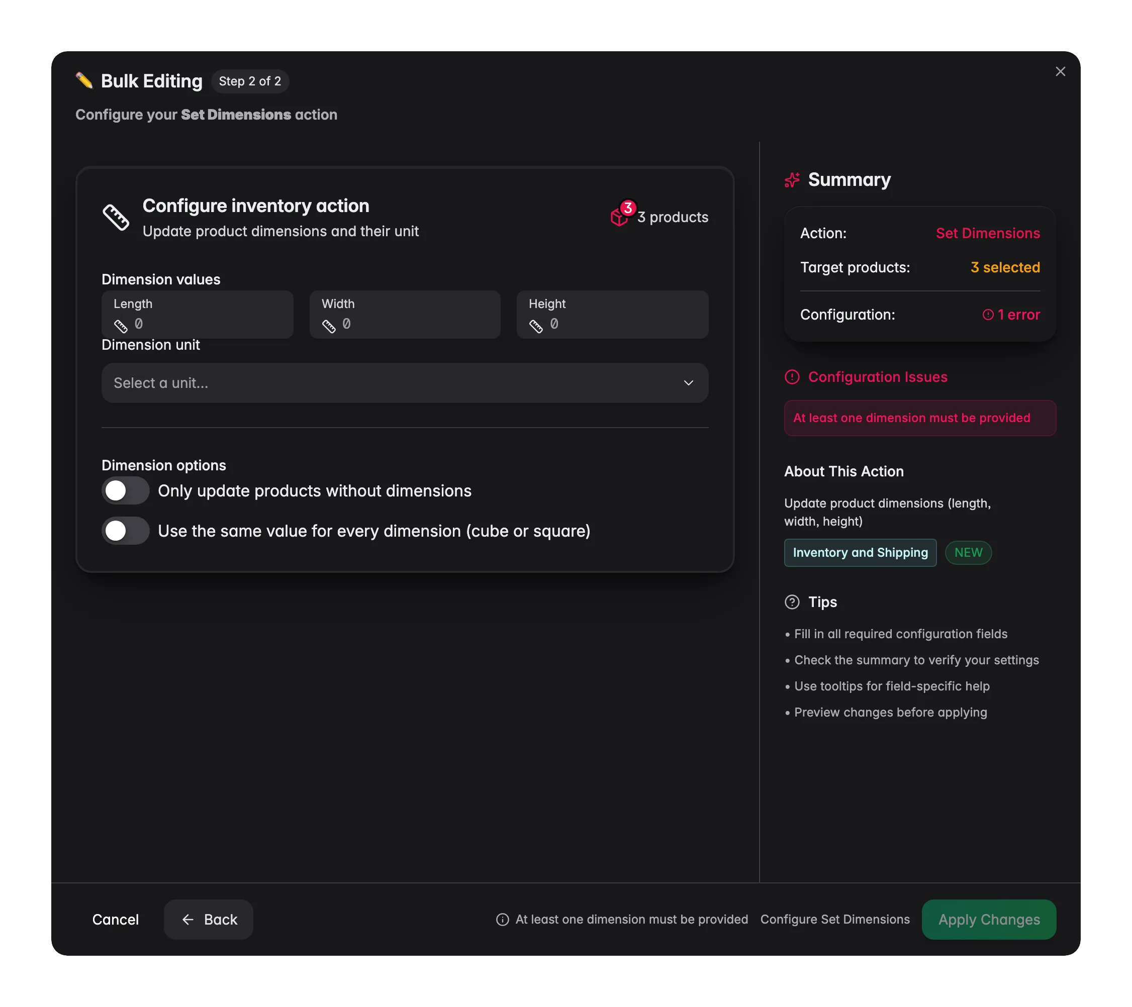 Bulk editing, Set Dimensions across many products at once in WISEPIM