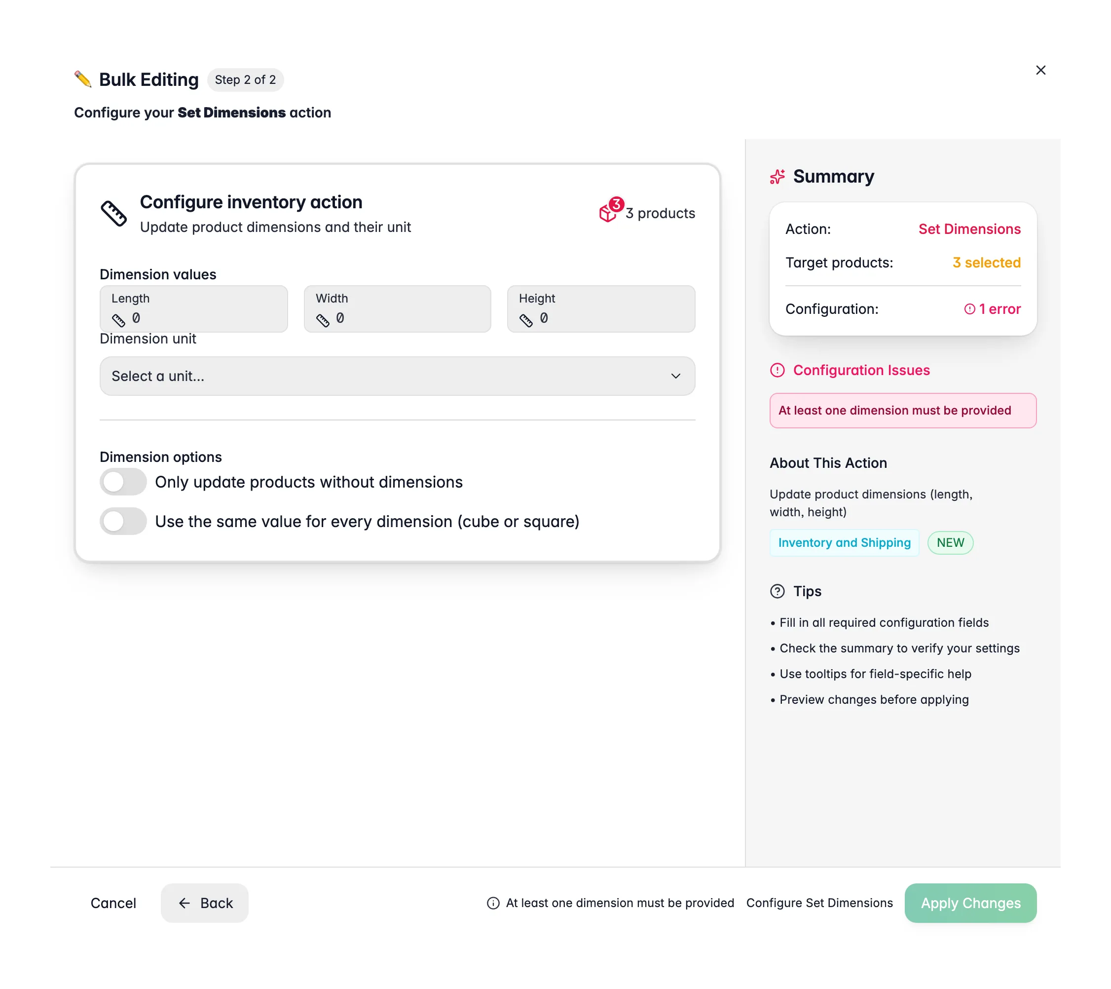 Bulk editing, Set Dimensions across many products at once in WISEPIM
