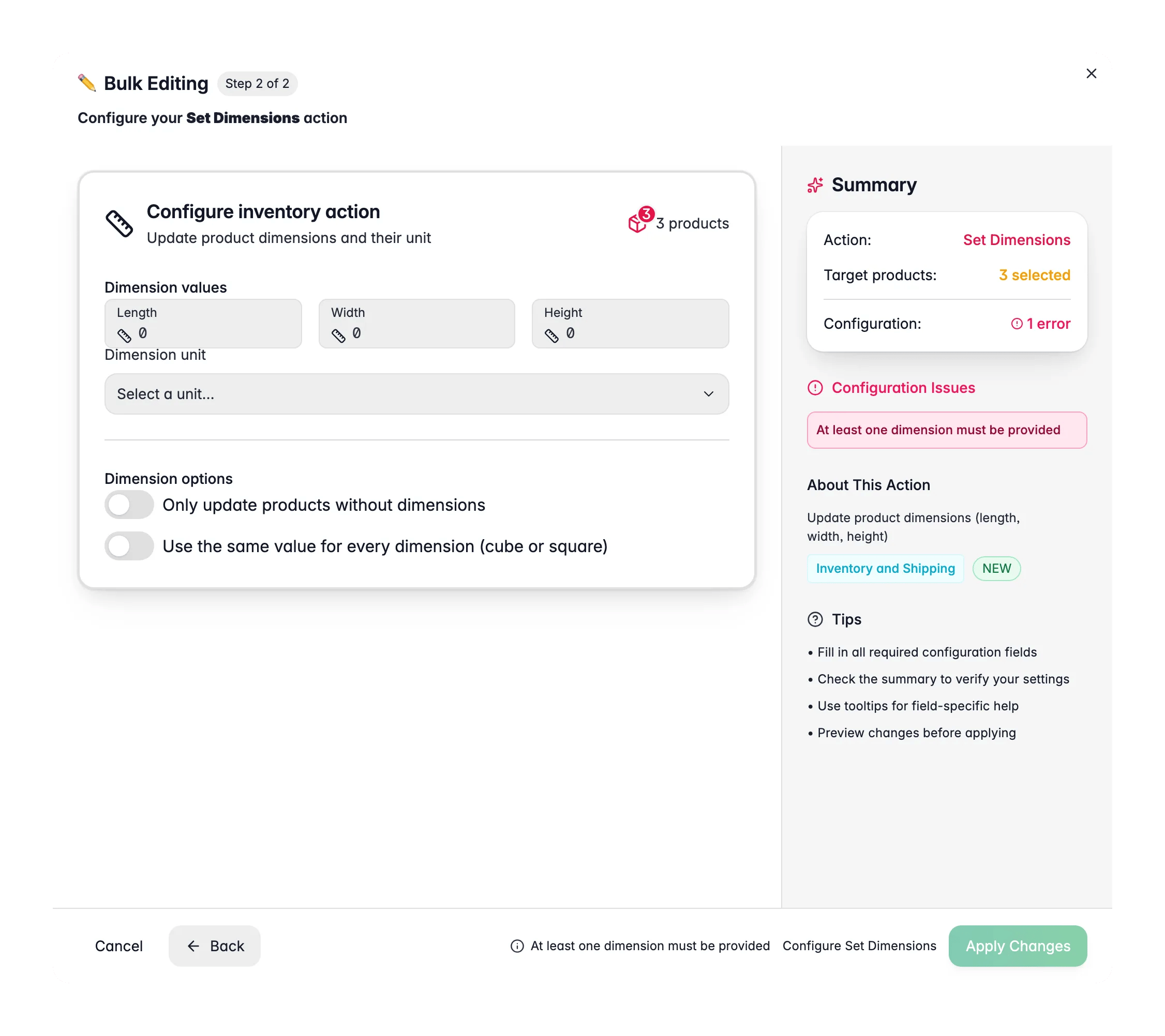 Bulk editing, Set Dimensions across many products at once in WISEPIM