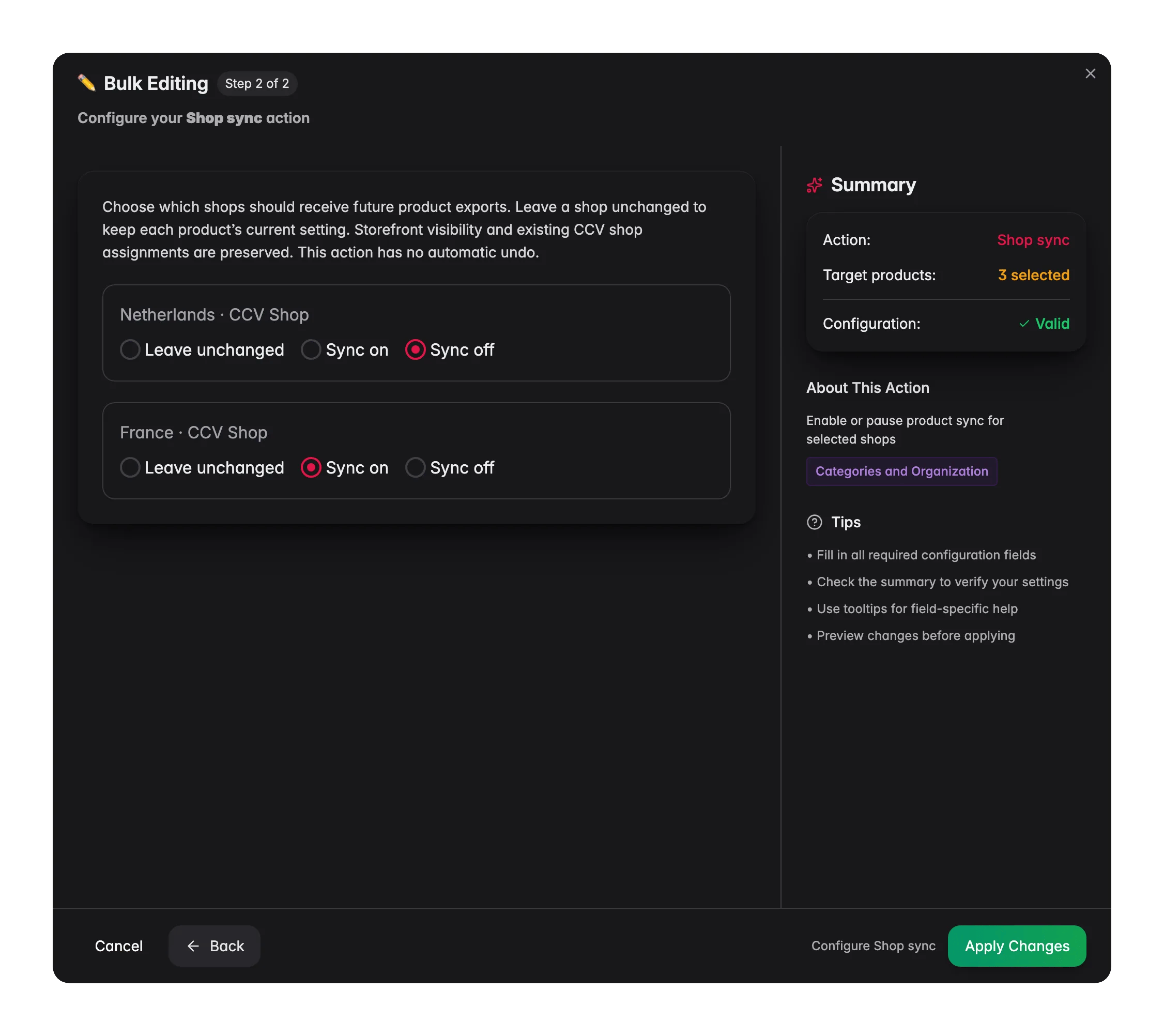 Edición masiva - sincronización de tiendas para muchos productos a la vez en WISEPIM