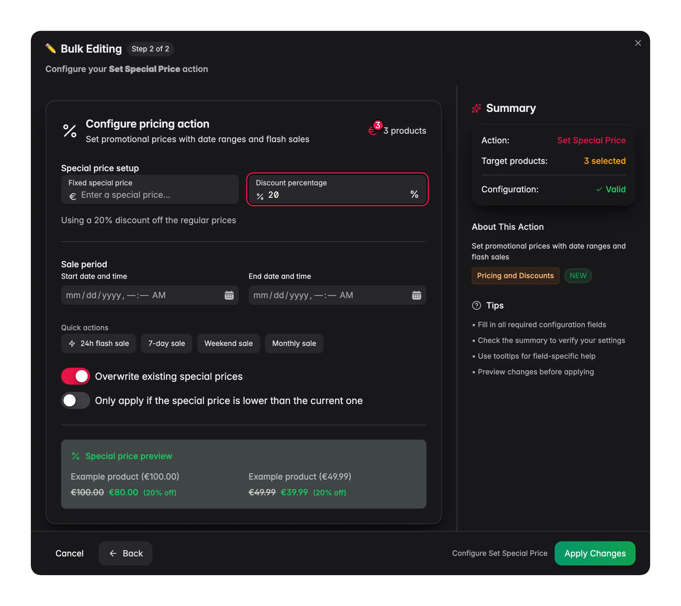 Bulk editing, Set Special Price across many products at once in WISEPIM
