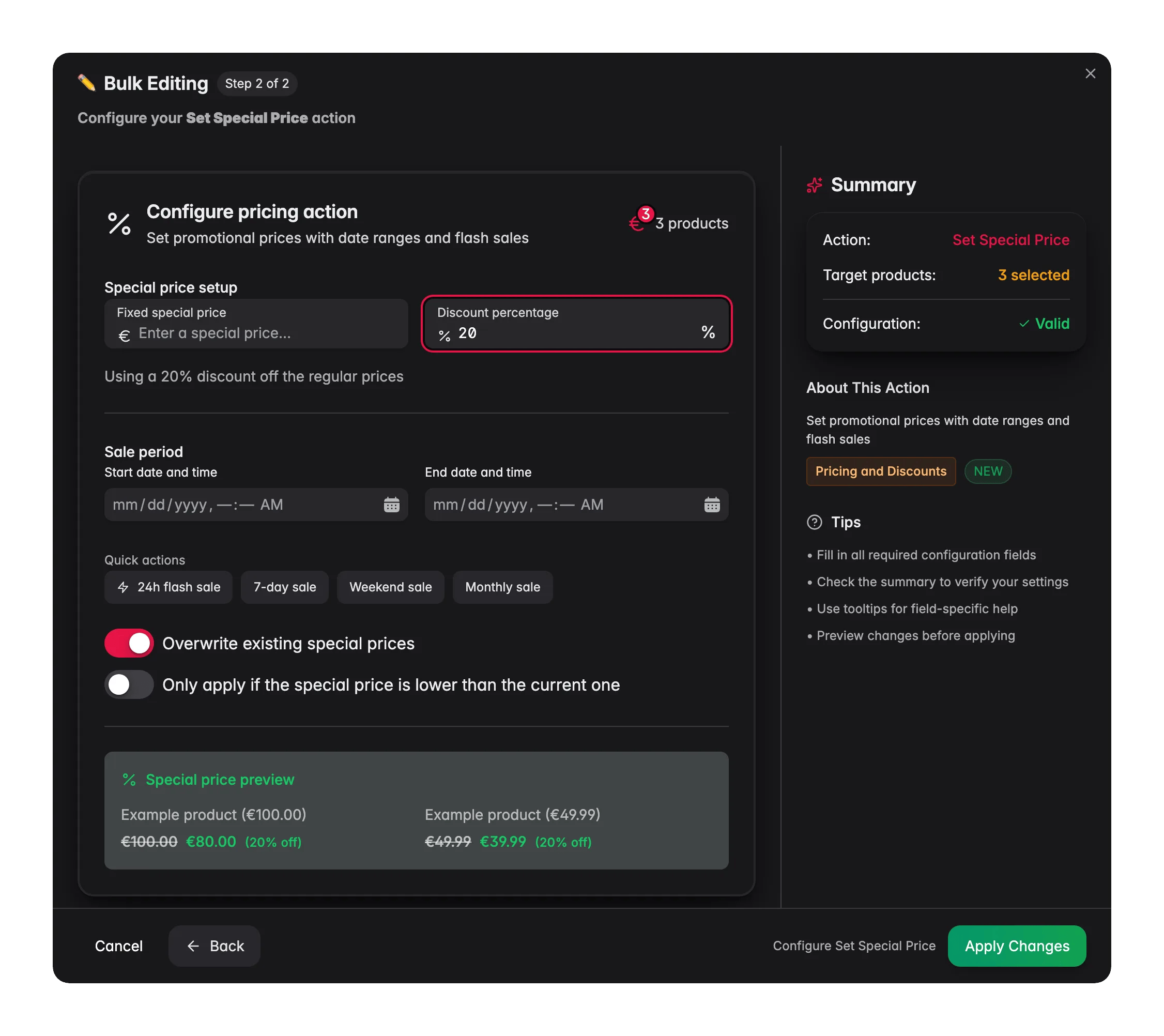Bulk editing, Set Special Price across many products at once in WISEPIM