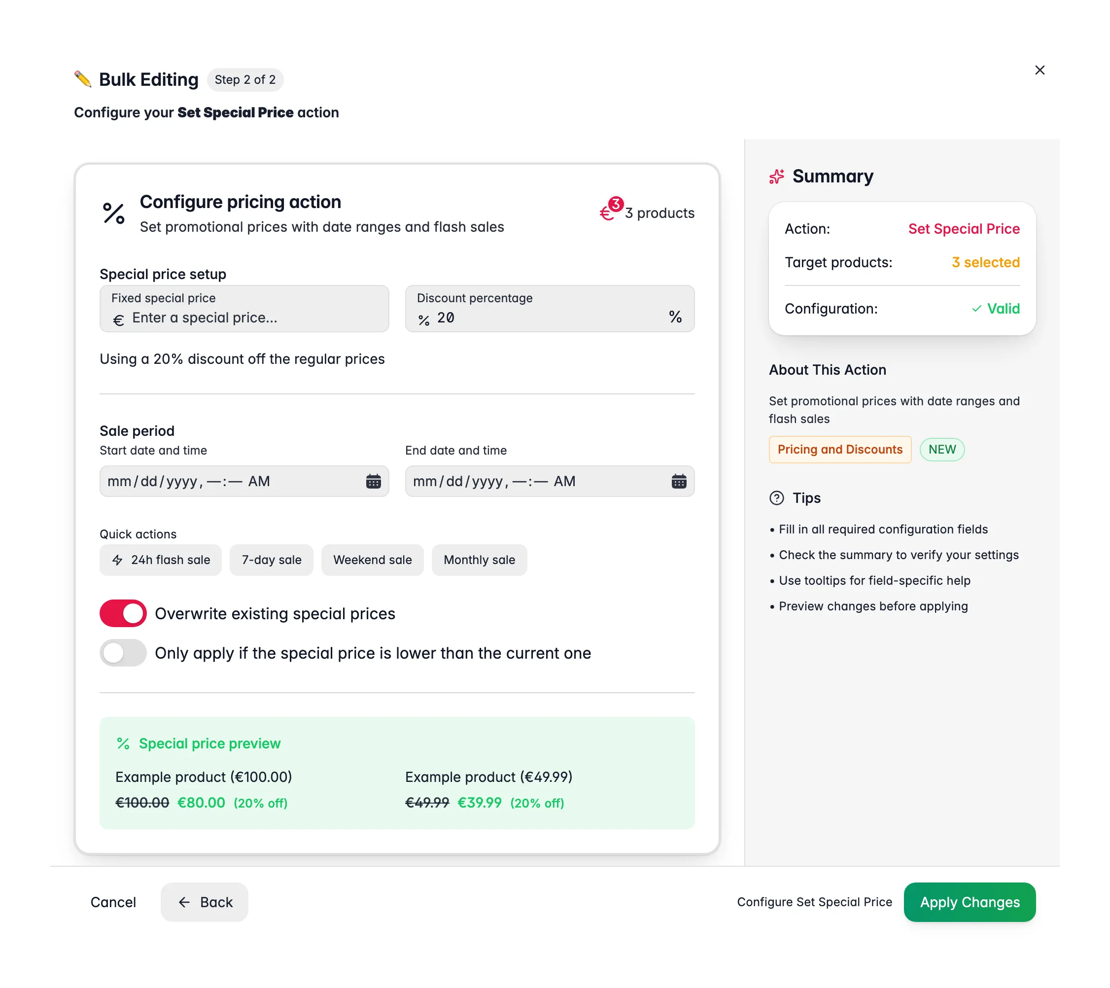 Bulk editing, Set Special Price across many products at once in WISEPIM