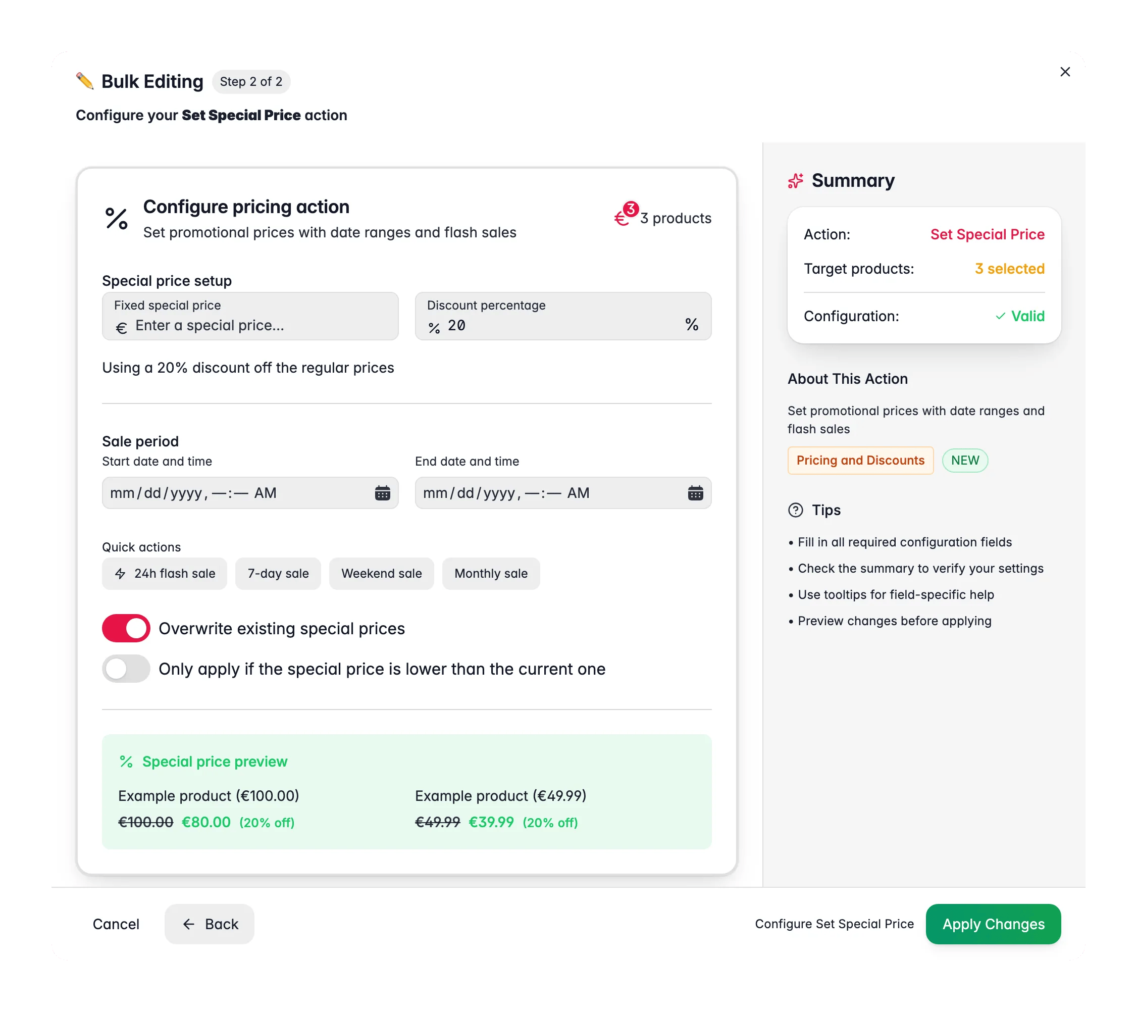 Bulk editing, Set Special Price across many products at once in WISEPIM