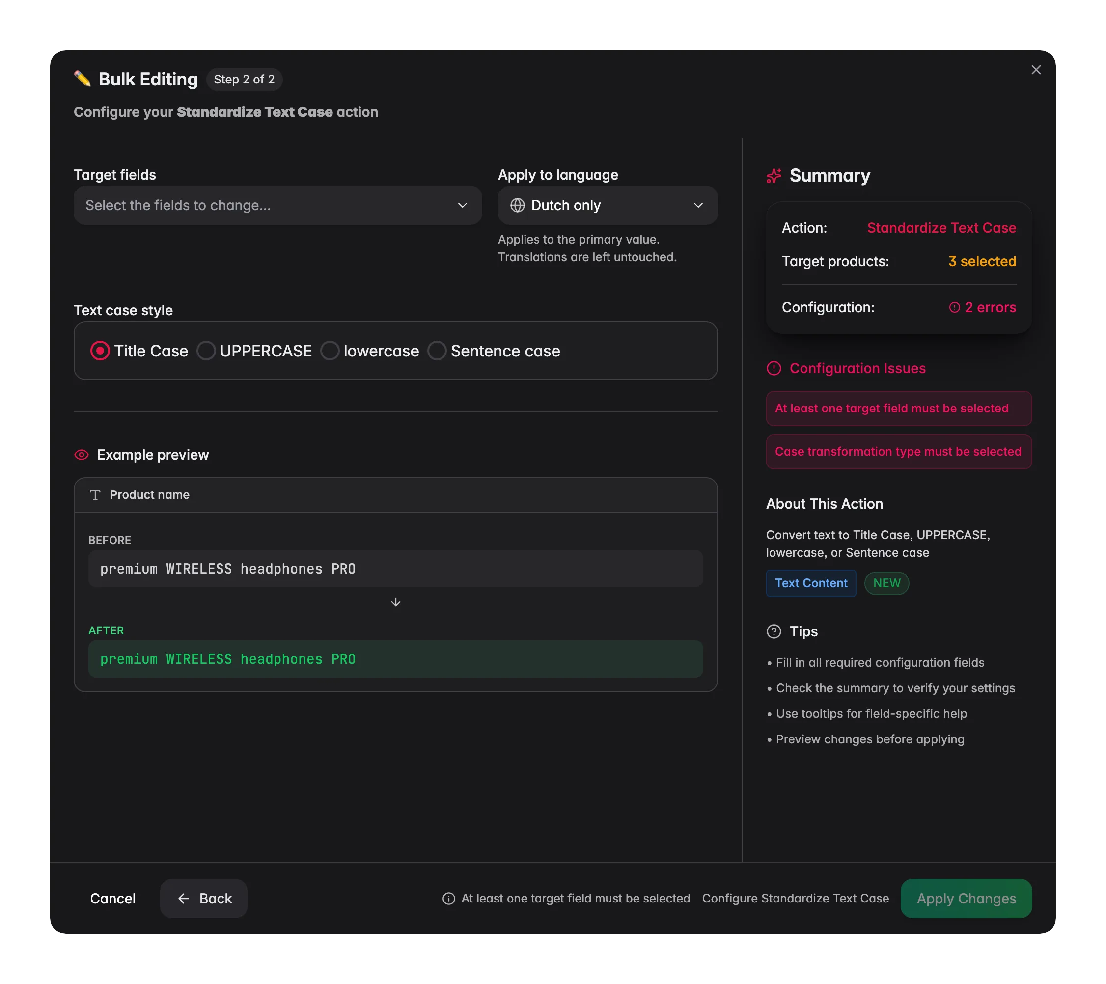 Bulk editing, Standardize Text Case across many products at once in WISEPIM