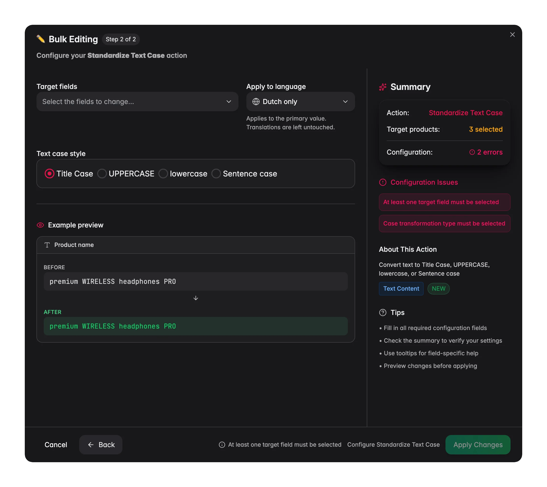 Bulk editing, Standardize Text Case across many products at once in WISEPIM