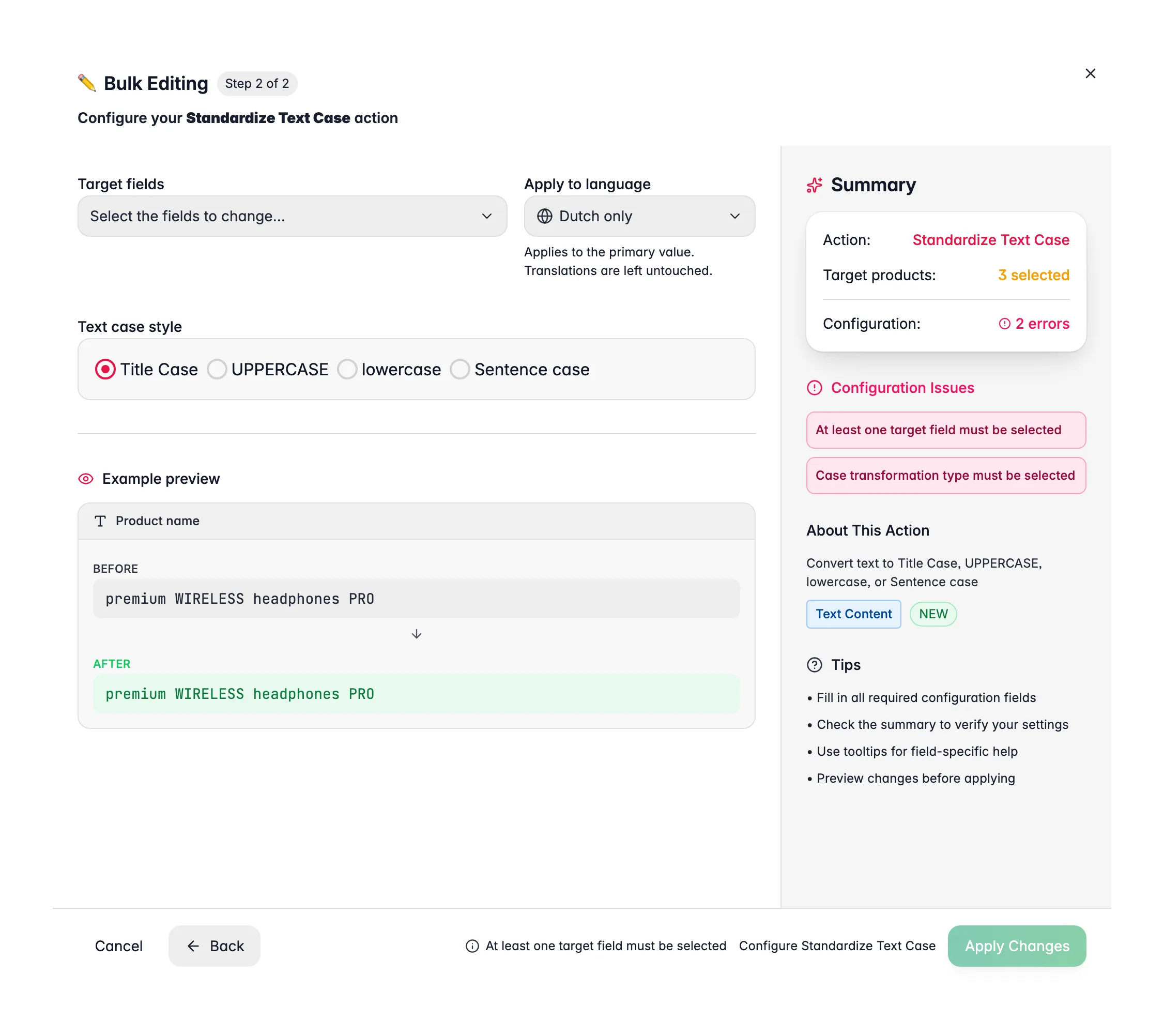 Bulk editing, Standardize Text Case across many products at once in WISEPIM