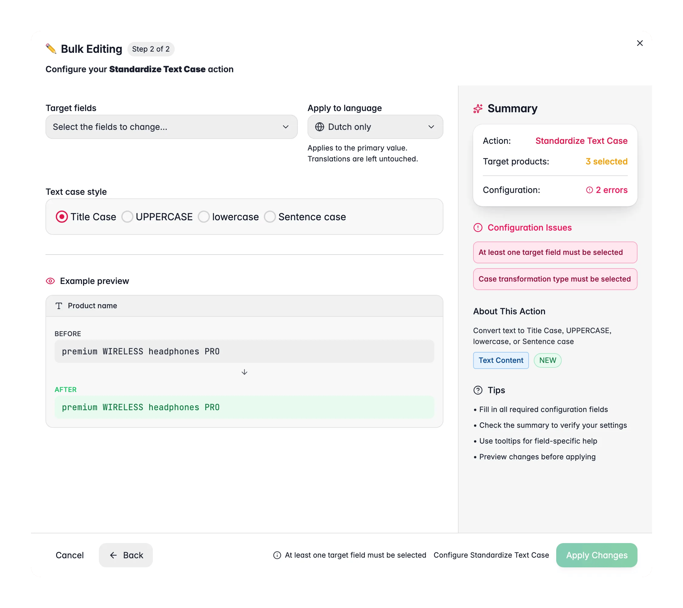 Bulk editing, Standardize Text Case across many products at once in WISEPIM
