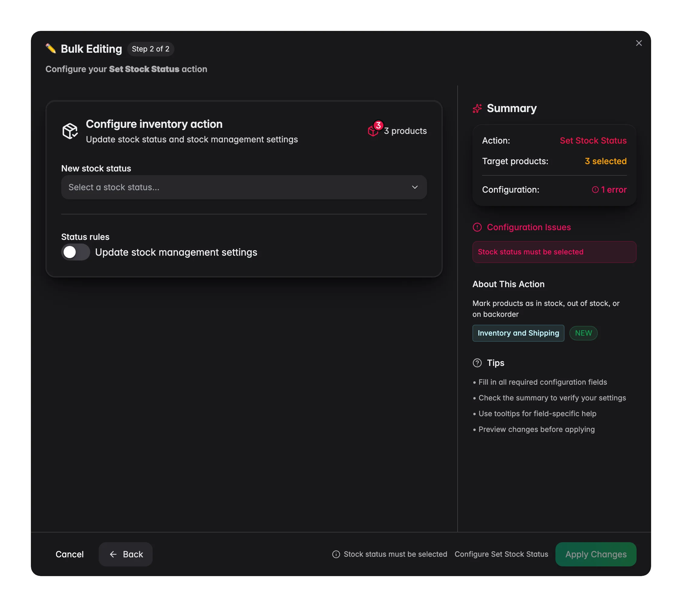 Bulk editing, Set Stock Status across many products at once in WISEPIM