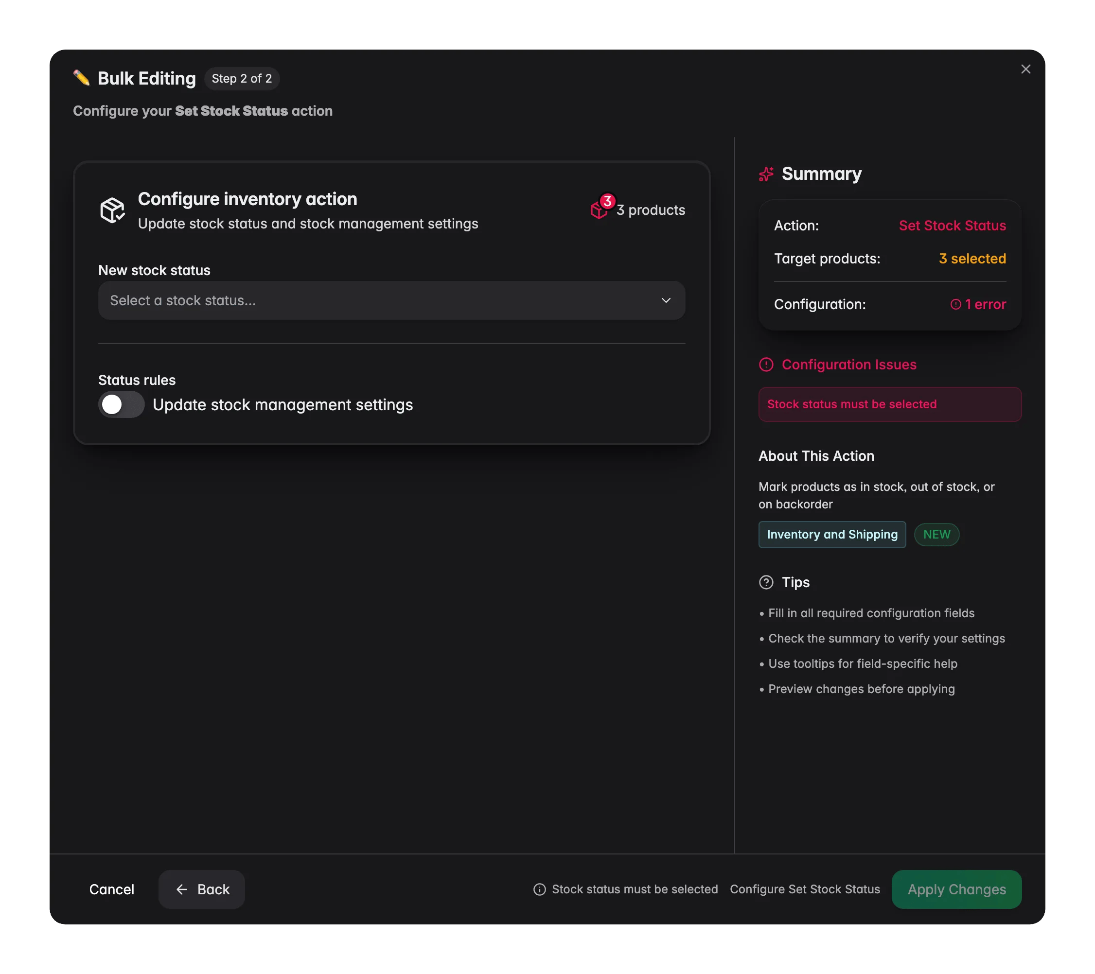Bulk editing, Set Stock Status across many products at once in WISEPIM