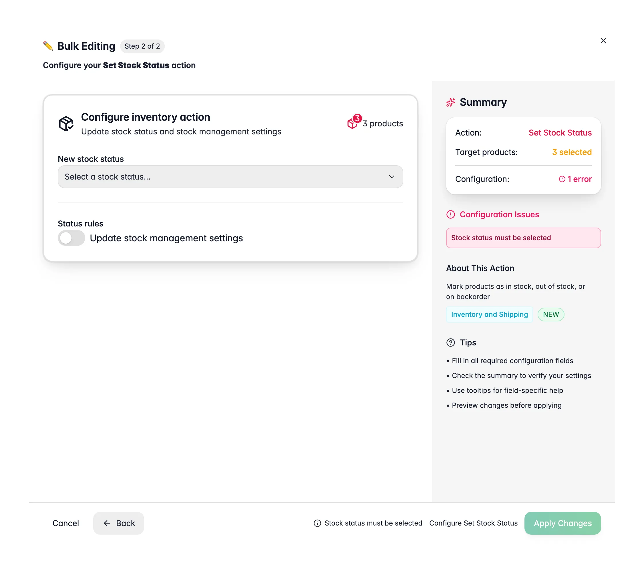 Bulk editing, Set Stock Status across many products at once in WISEPIM