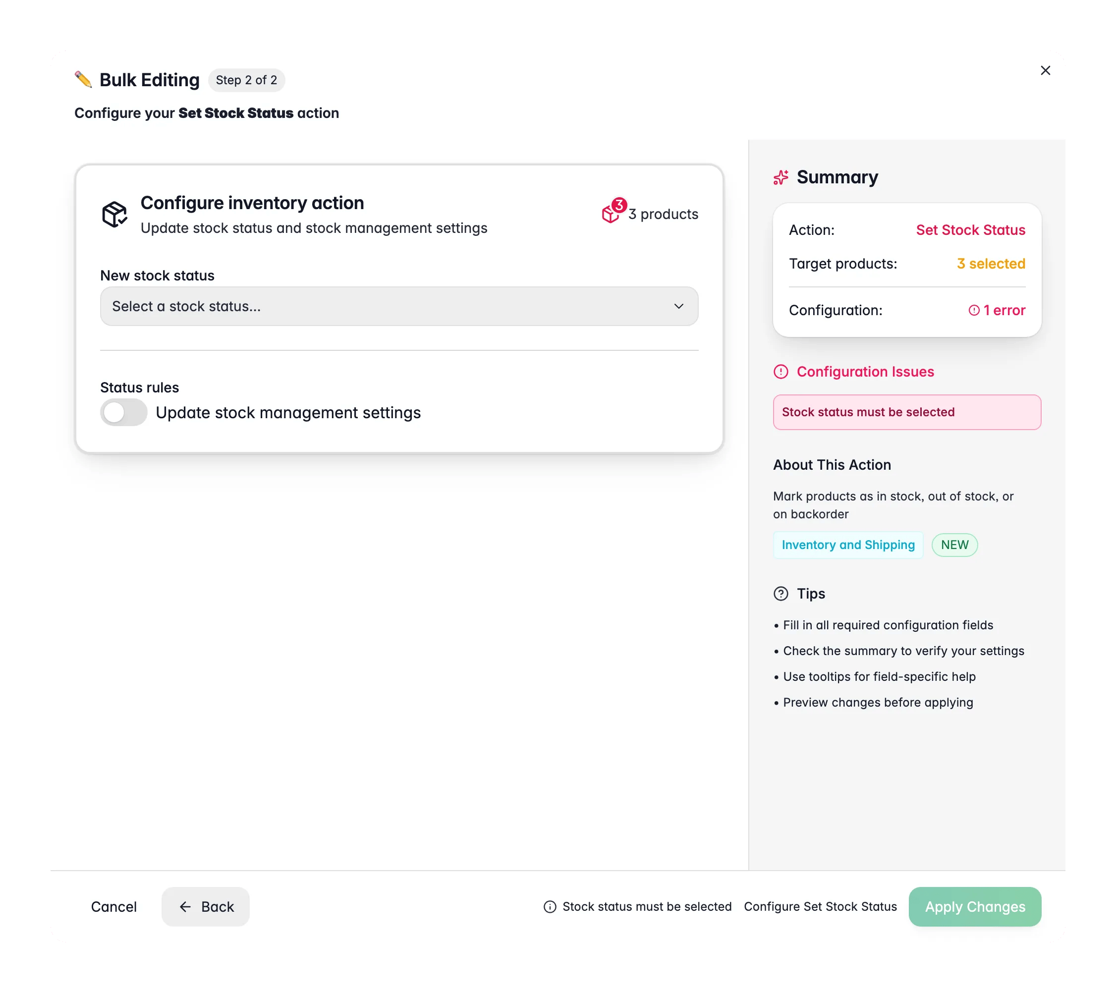 Bulk editing, Set Stock Status across many products at once in WISEPIM