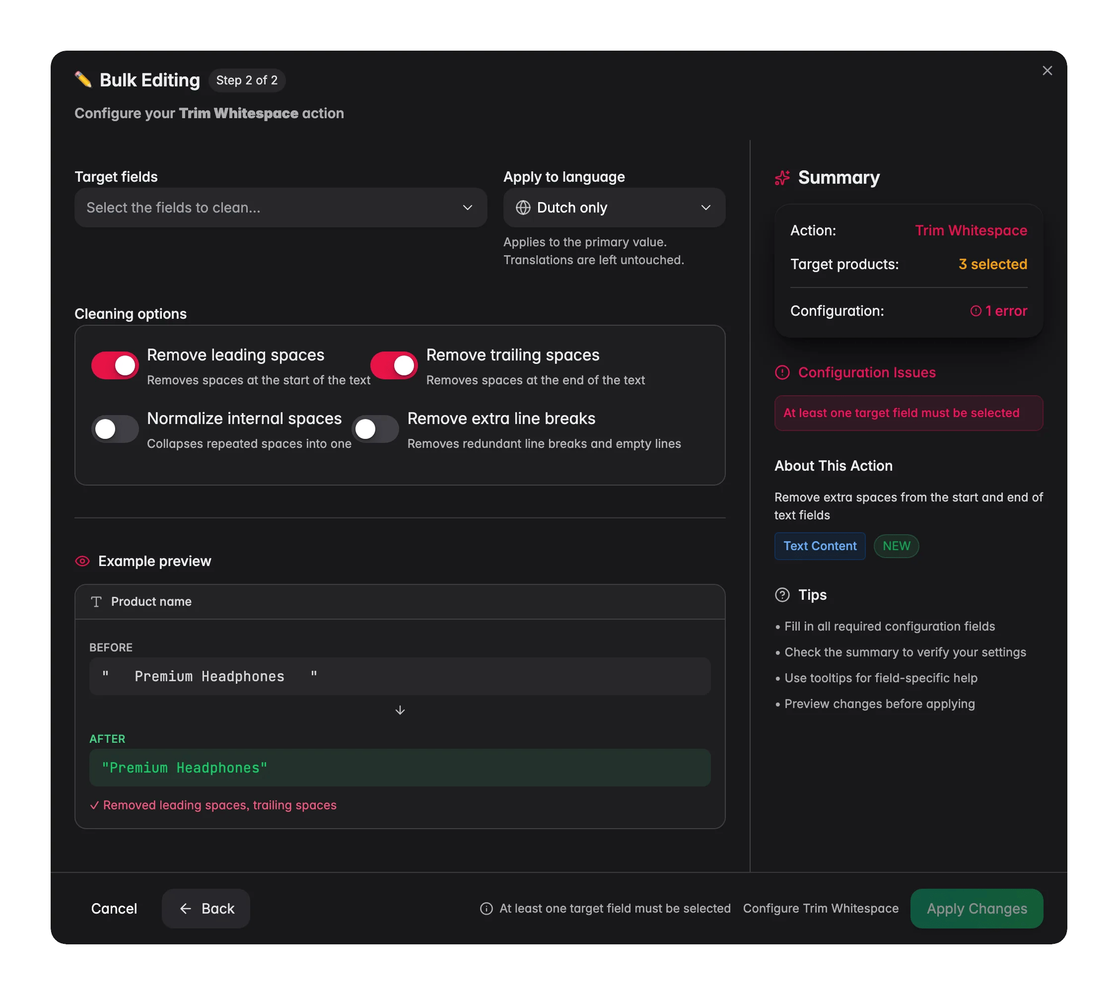 Bulk editing, Trim Whitespace across many products at once in WISEPIM