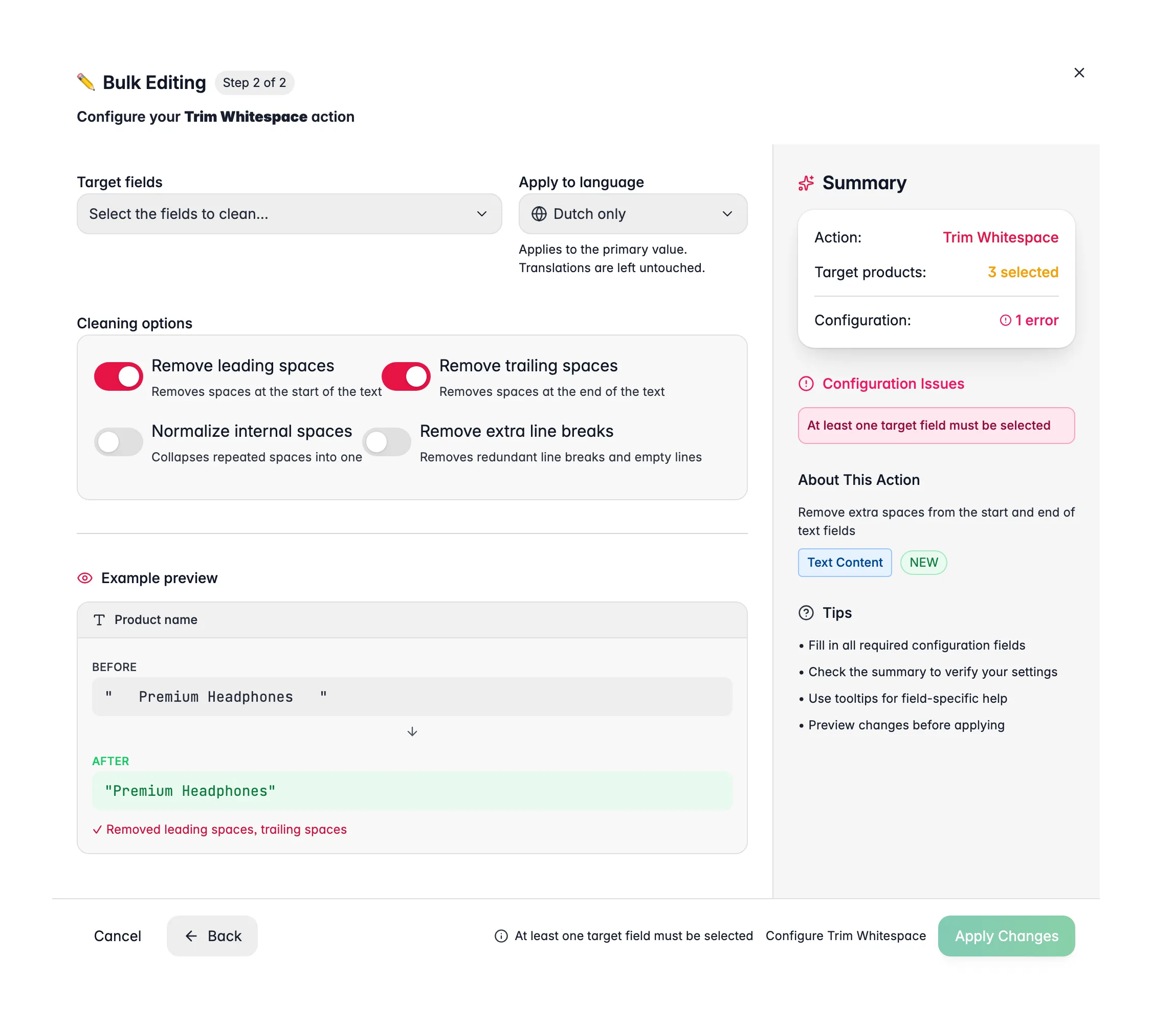 Bulk editing, Trim Whitespace across many products at once in WISEPIM