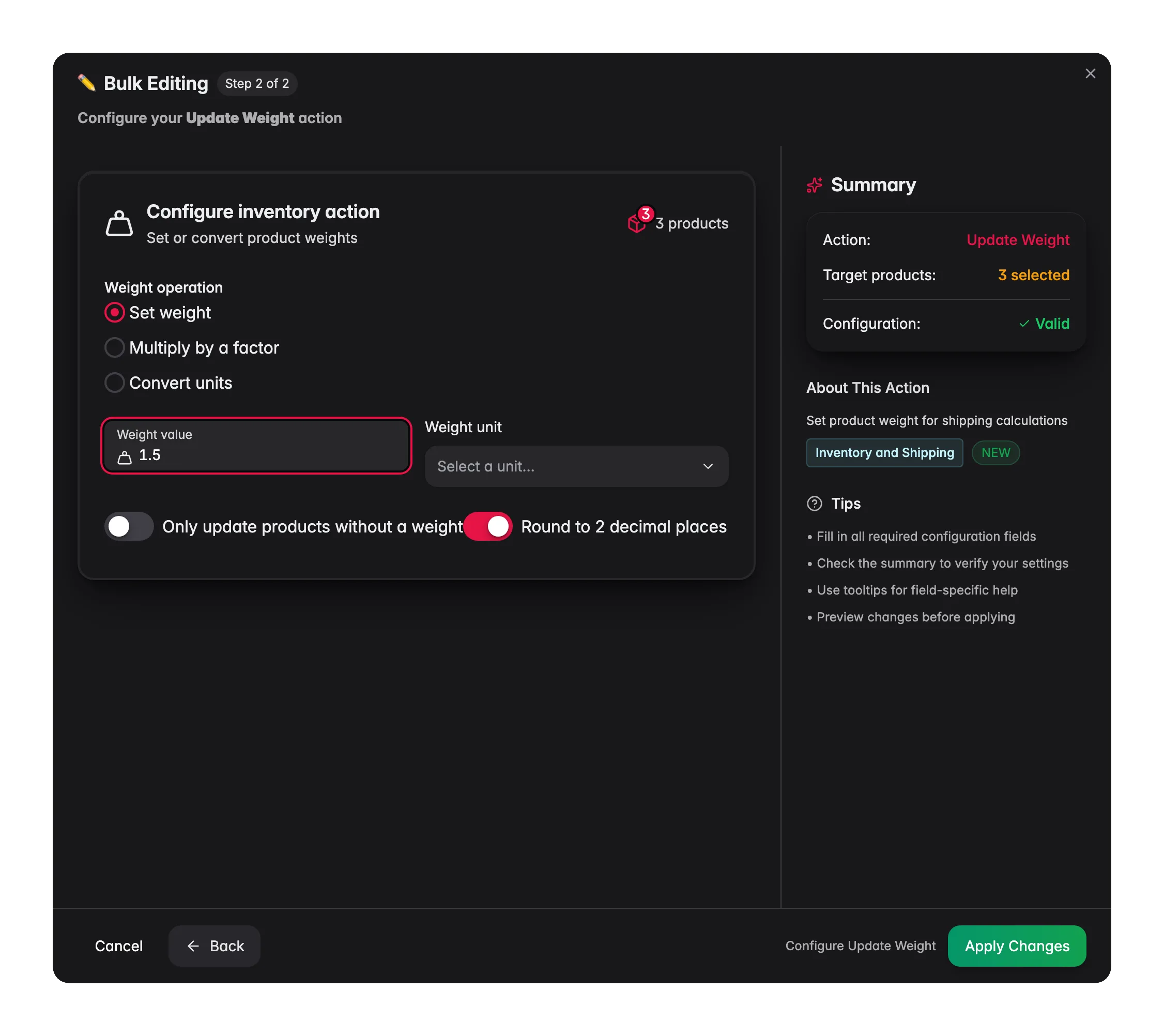 Bulk editing, Update Weight across many products at once in WISEPIM