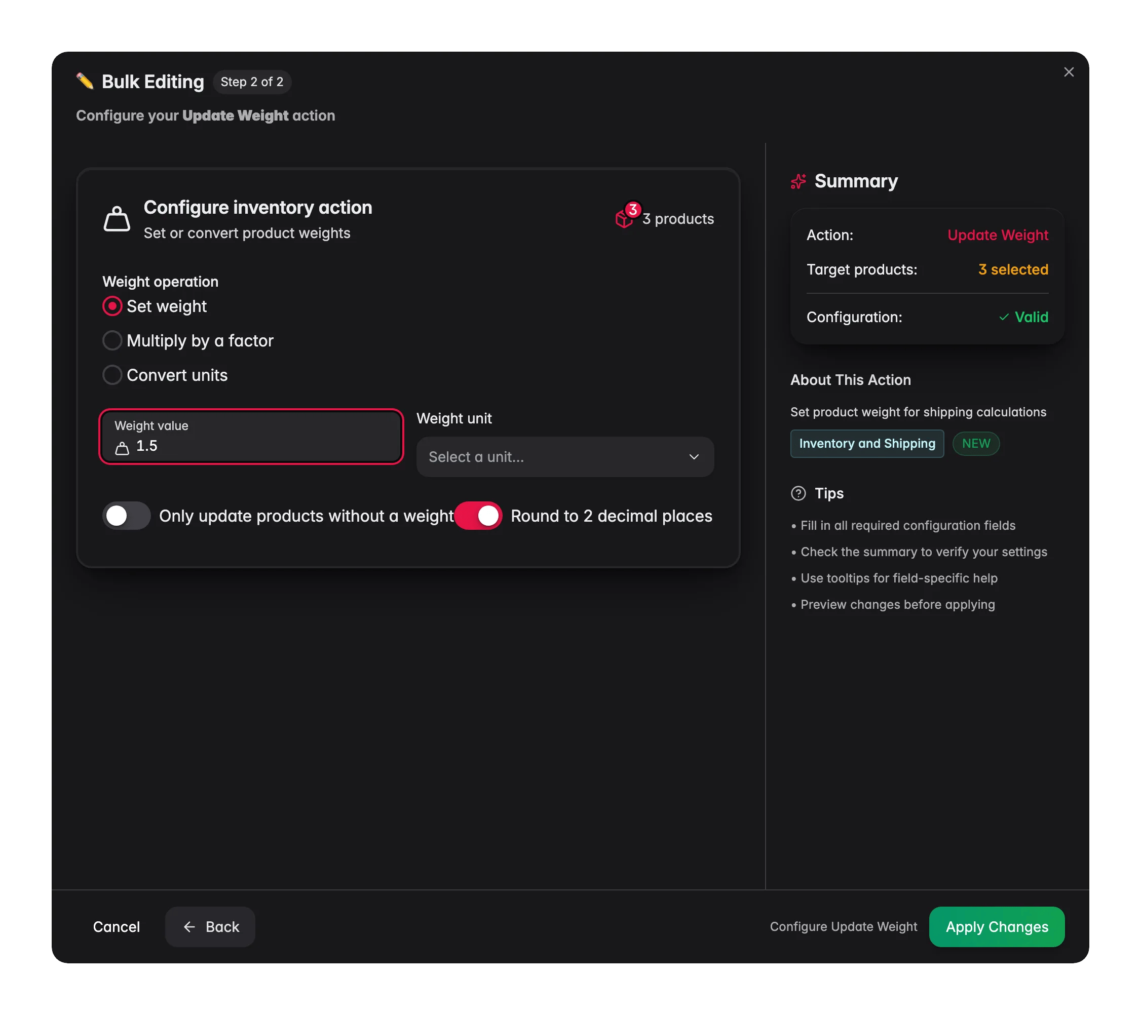 Bulk editing, Update Weight across many products at once in WISEPIM
