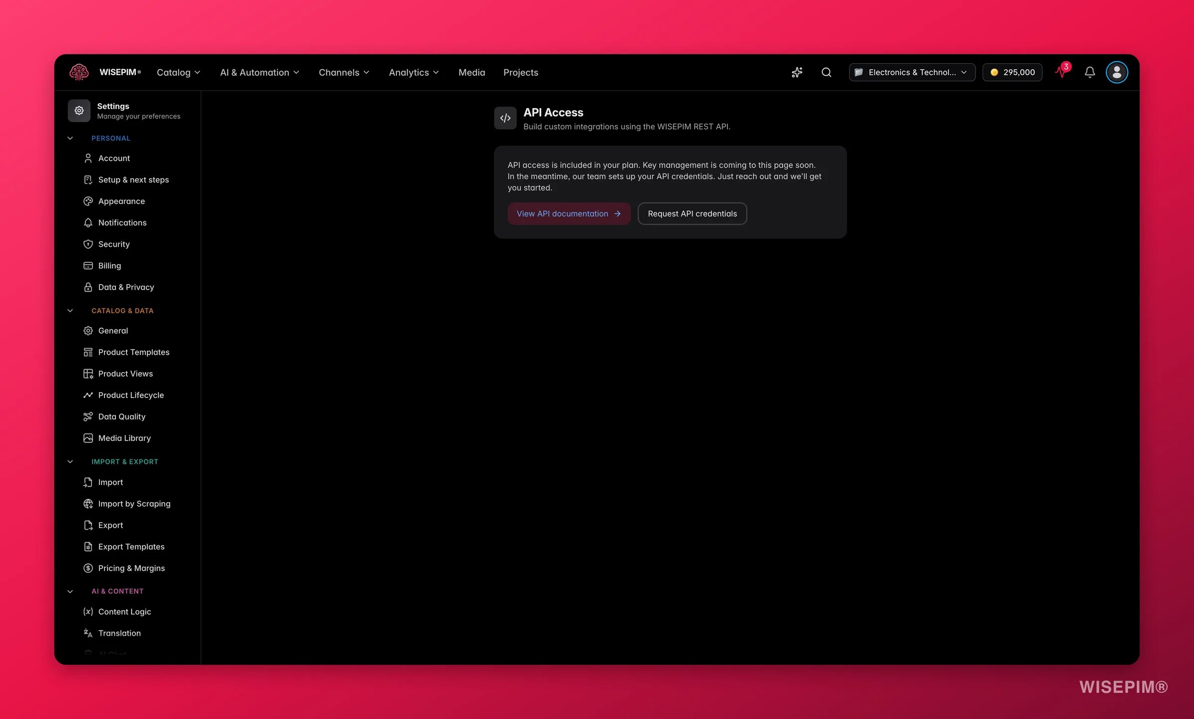 WISEPIM API access settings with a sample authenticated request for programmatic catalog access