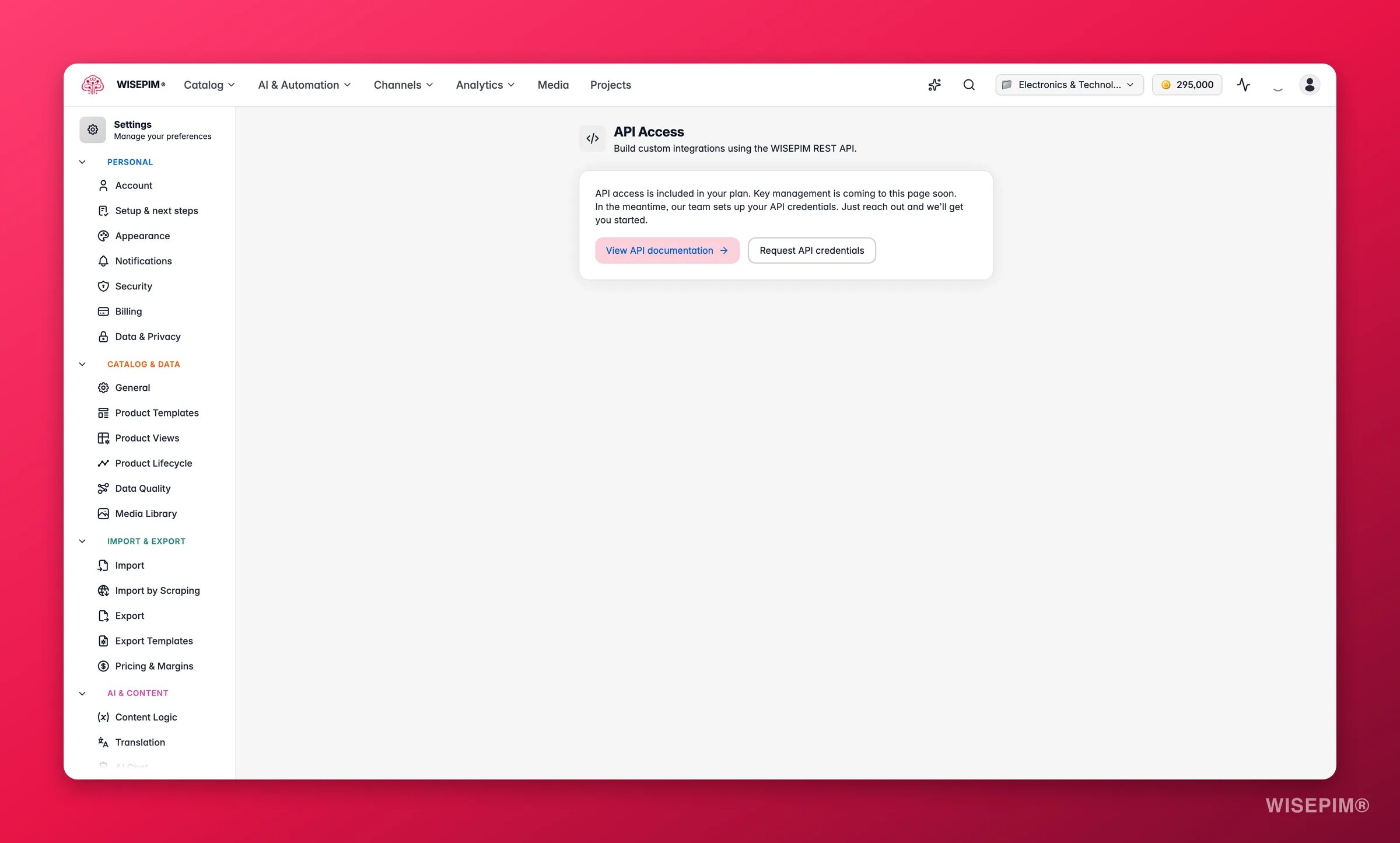WISEPIM API access settings with a sample authenticated request for programmatic catalog access