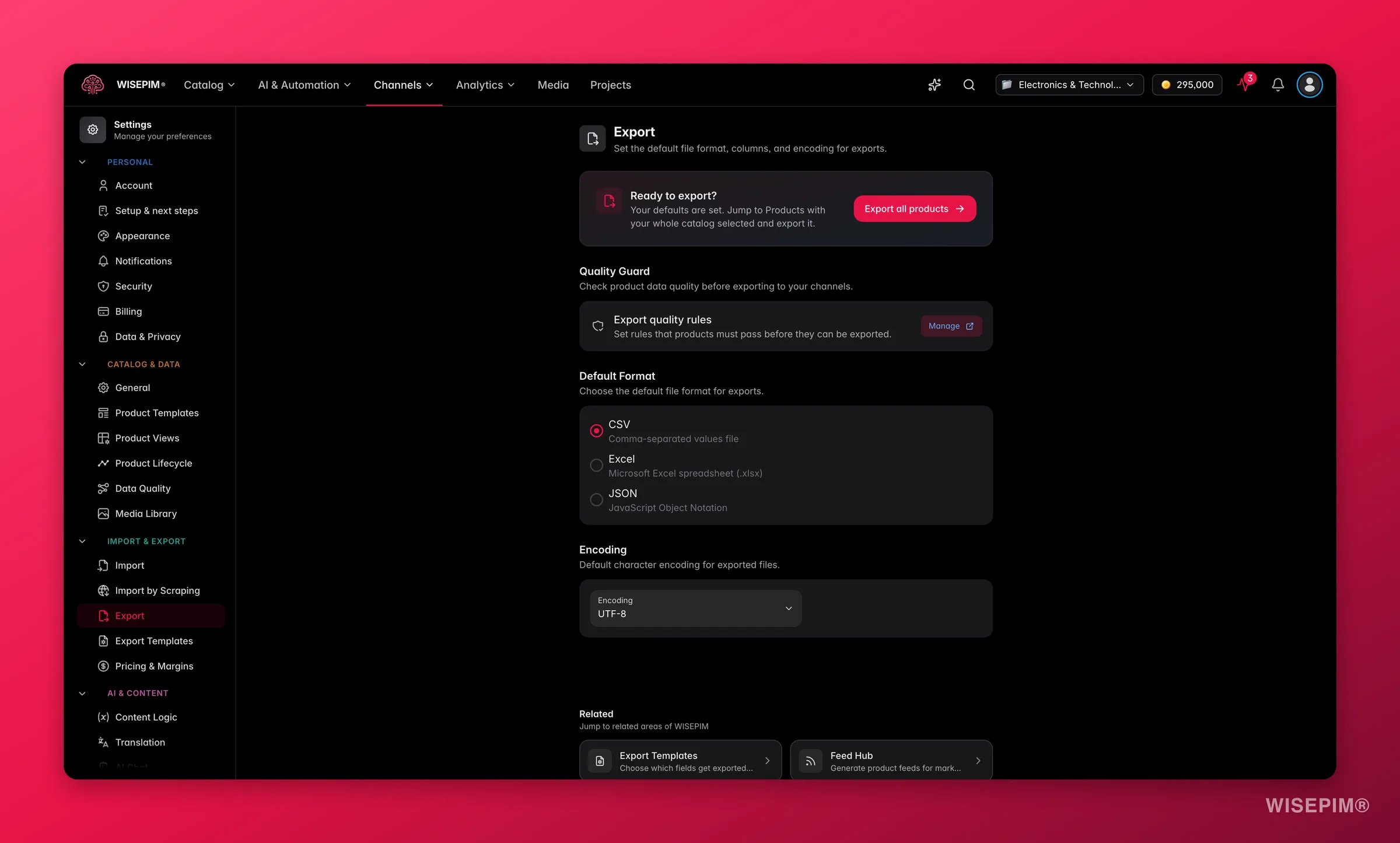 WISEPIM export settings with default format, encoding and Quality Guard export rules